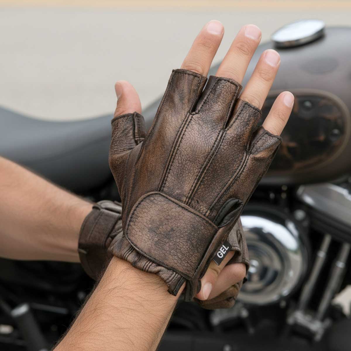 Milwaukee Leather MG7561 Men's Premium Brown Leather Gel Padded Palm Fingerless Motorcycle Hand Gloves 2 Milwaukee Leather MG7561 Men's Premium Brown Leather Gel Padded Palm Fingerless Motorcycle Hand Gloves