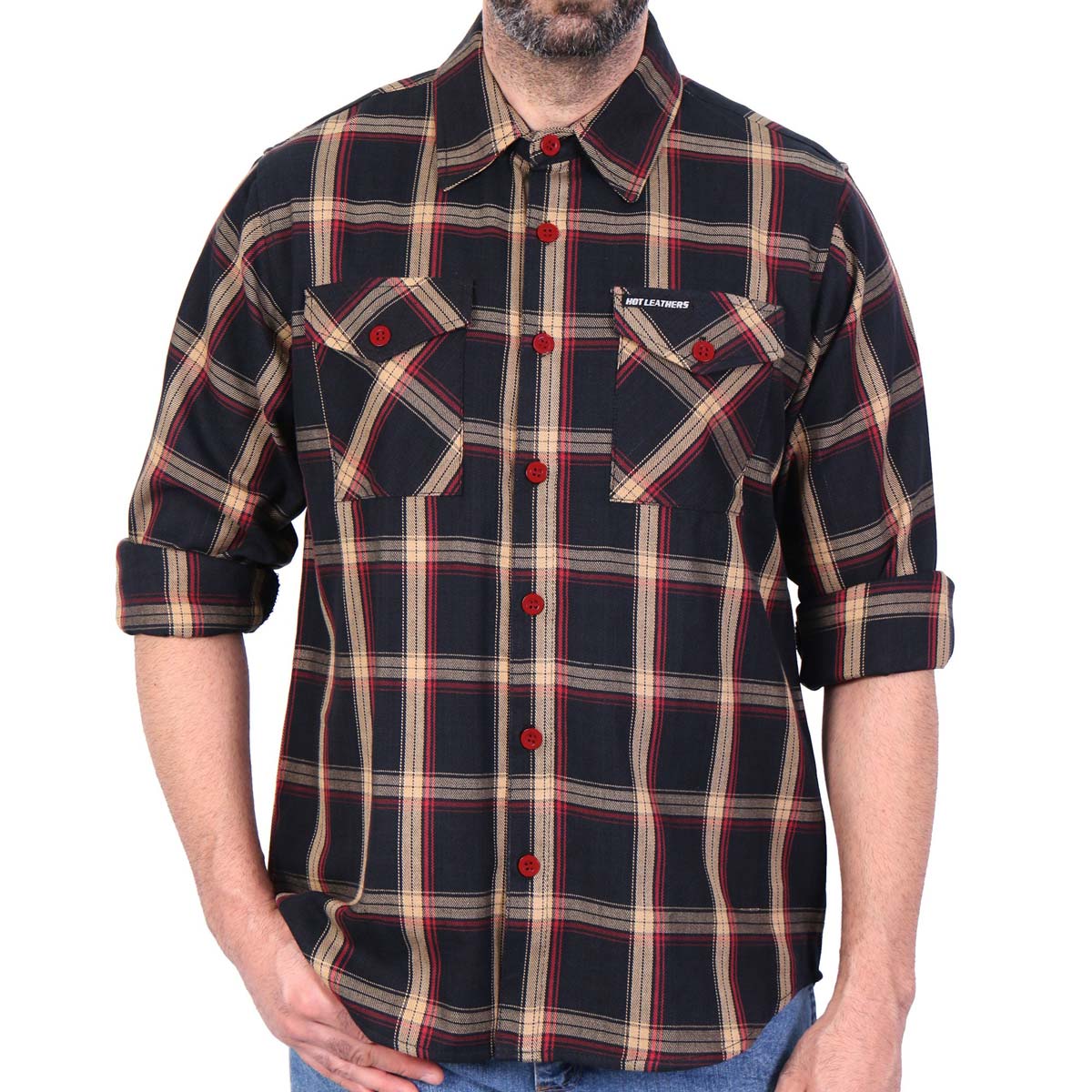 Hot Leathers FLM2038 Men's Black Tan and Red Long Sleeve Flannel Shirt 3 Hot Leathers FLM2038 Men's Black Tan and Red Long Sleeve Flannel Shirt
