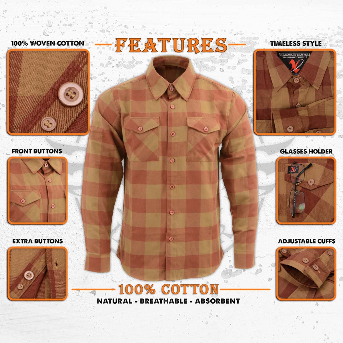 Milwaukee Leather MNG11653 Men's Brown and Beige Long Sleeve Cotton Flannel Shirt 2 Milwaukee Leather MNG11653 Men's Brown and Beige Long Sleeve Cotton Flannel Shirt