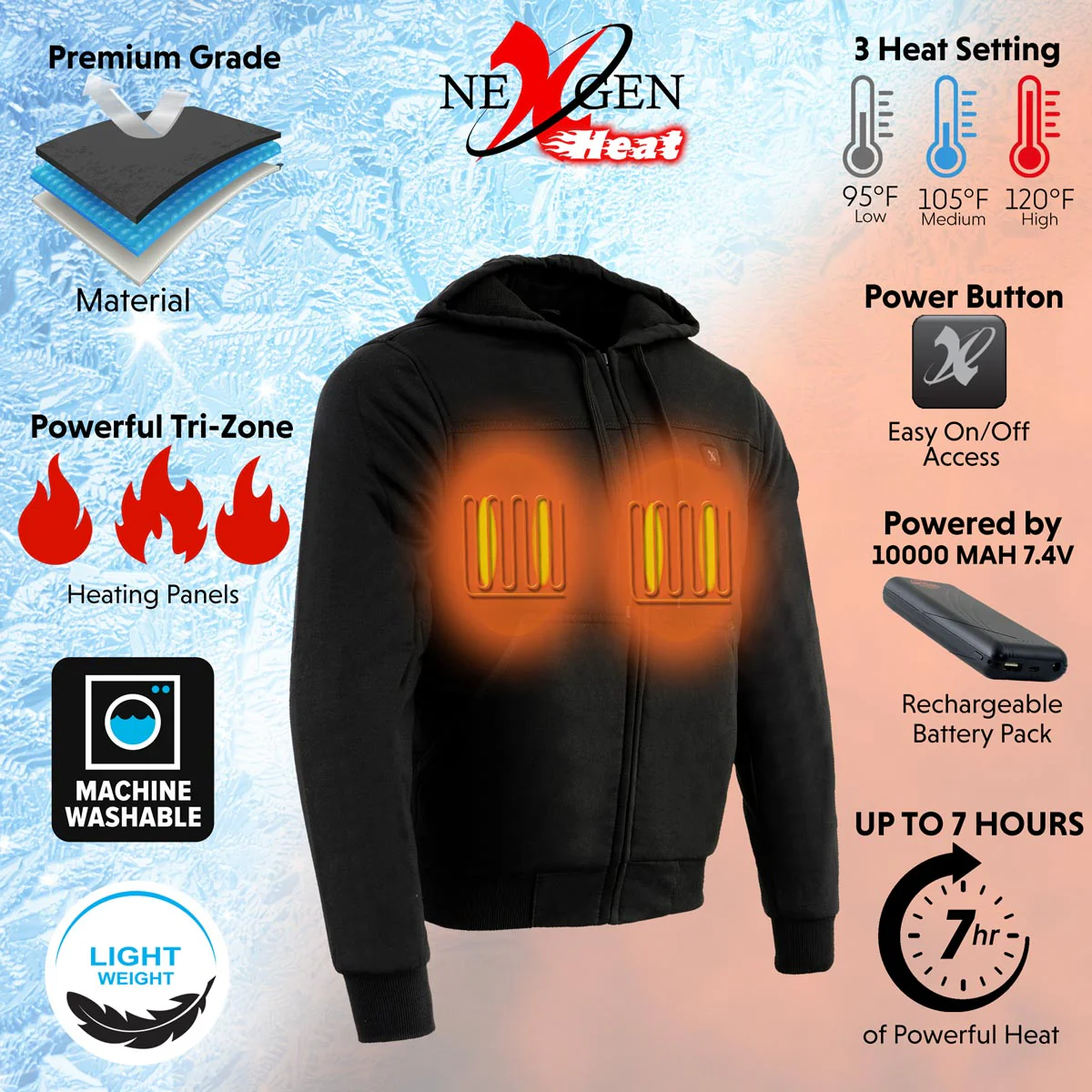 Nexgen Heat Men’s Black Heated Hoodie Jacket – Winter Motorcycle Riding Gear for Cold Outdoors MPM1714SET 2 Nexgen Heat Men’s Black Heated Hoodie Jacket – Winter Motorcycle Riding Gear for Cold Outdoors MPM1714SET