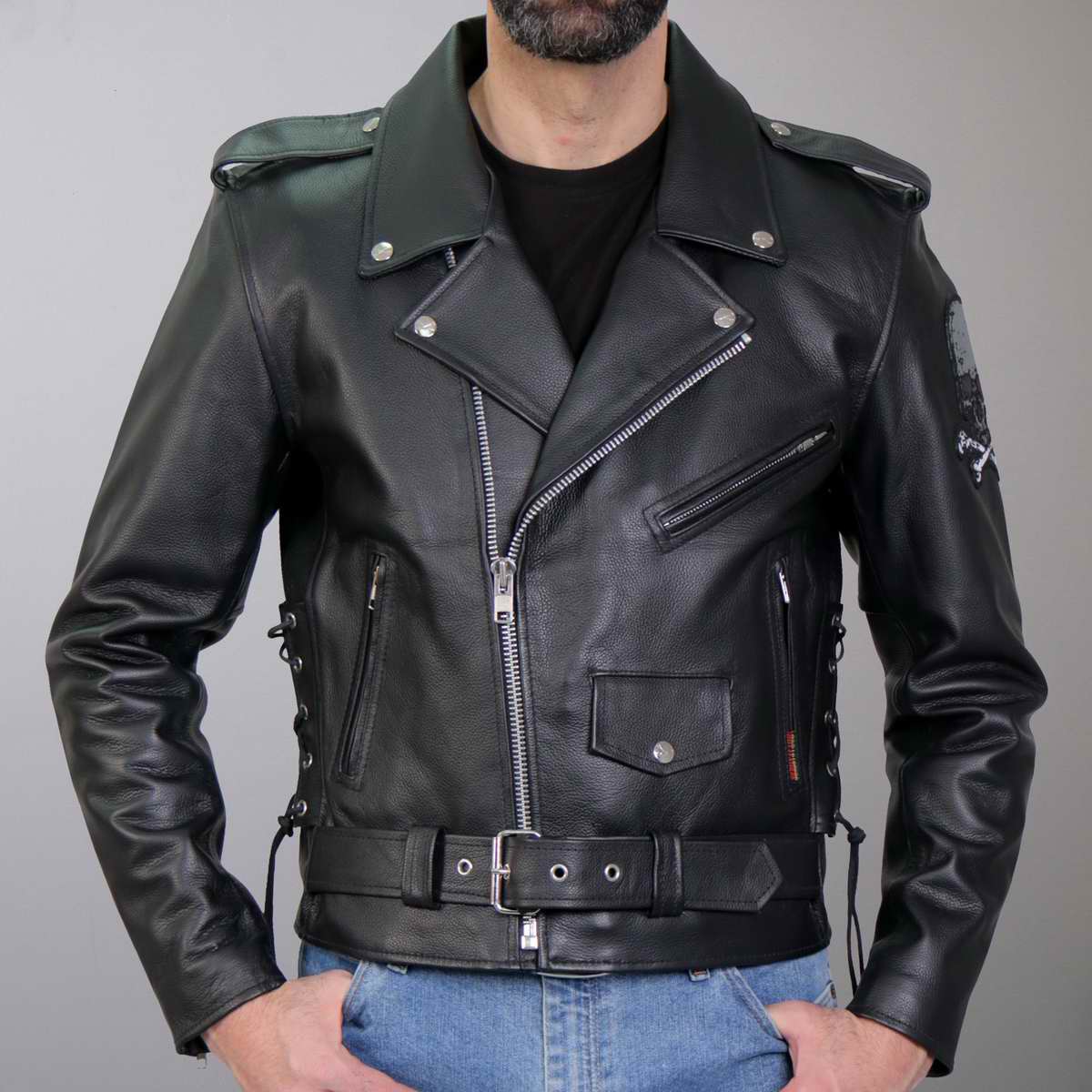Hot Leathers JKM2001 Men’s Black ‘Skull And Crossbones' Motorcycle Leather Jacket 2 Hot Leathers JKM2001 Men’s Black ‘Skull And Crossbones' Motorcycle Leather Jacket