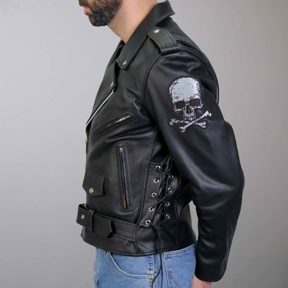 Hot Leathers JKM2001 Men’s Black ‘Skull And Crossbones' Motorcycle Leather Jacket 3 Hot Leathers JKM2001 Men’s Black ‘Skull And Crossbones' Motorcycle Leather Jacket