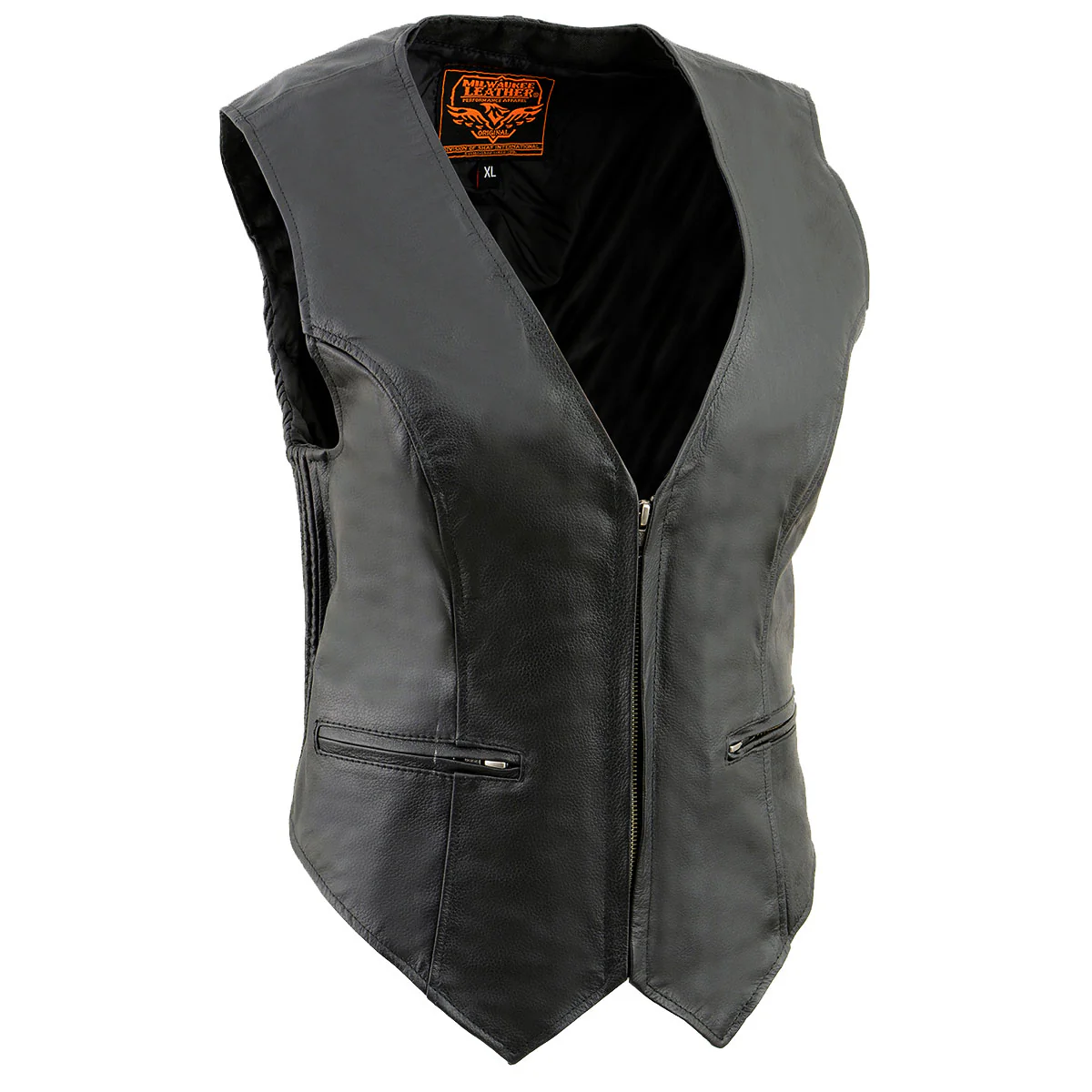 Milwaukee Leather SH1288 Women's Black Leather Deep V-Neck Motorcycle Rider Vest with Side Stretch Panels 1 Milwaukee Leather SH1288 Women's Black Leather Deep V-Neck Motorcycle Rider Vest with Side Stretch Panels