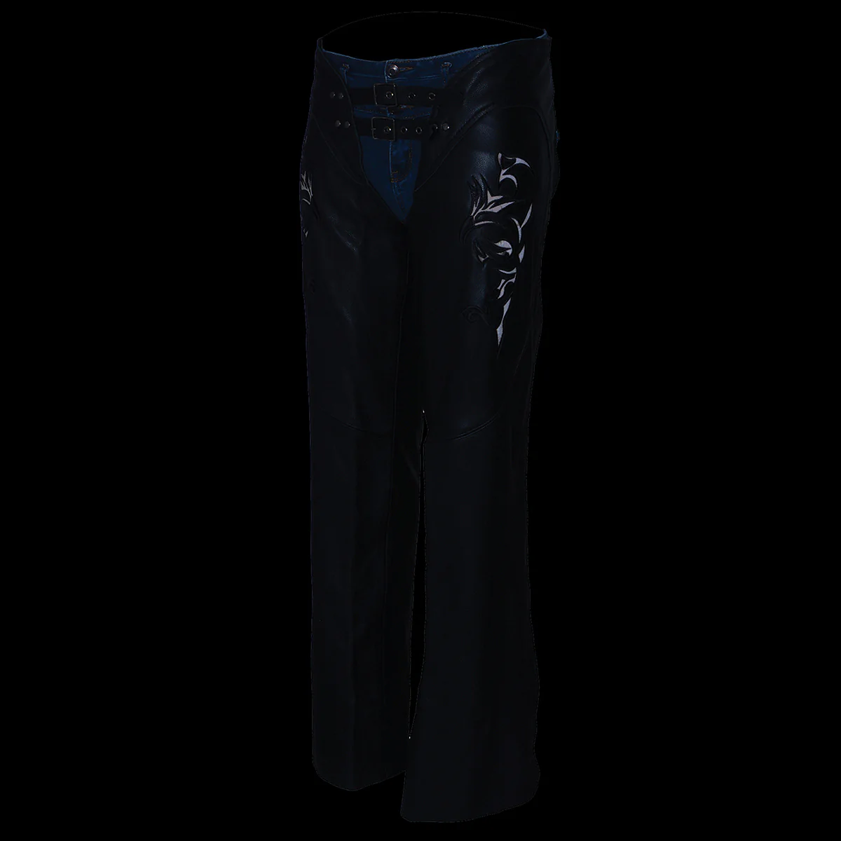Milwaukee Leather Chaps for Women Black Low-Rise Waist- Double Buckle Reflective Embroidery Motorcycle Chap- ML1187 4 Milwaukee Leather Chaps for Women Black Low-Rise Waist- Double Buckle Reflective Embroidery Motorcycle Chap- ML1187