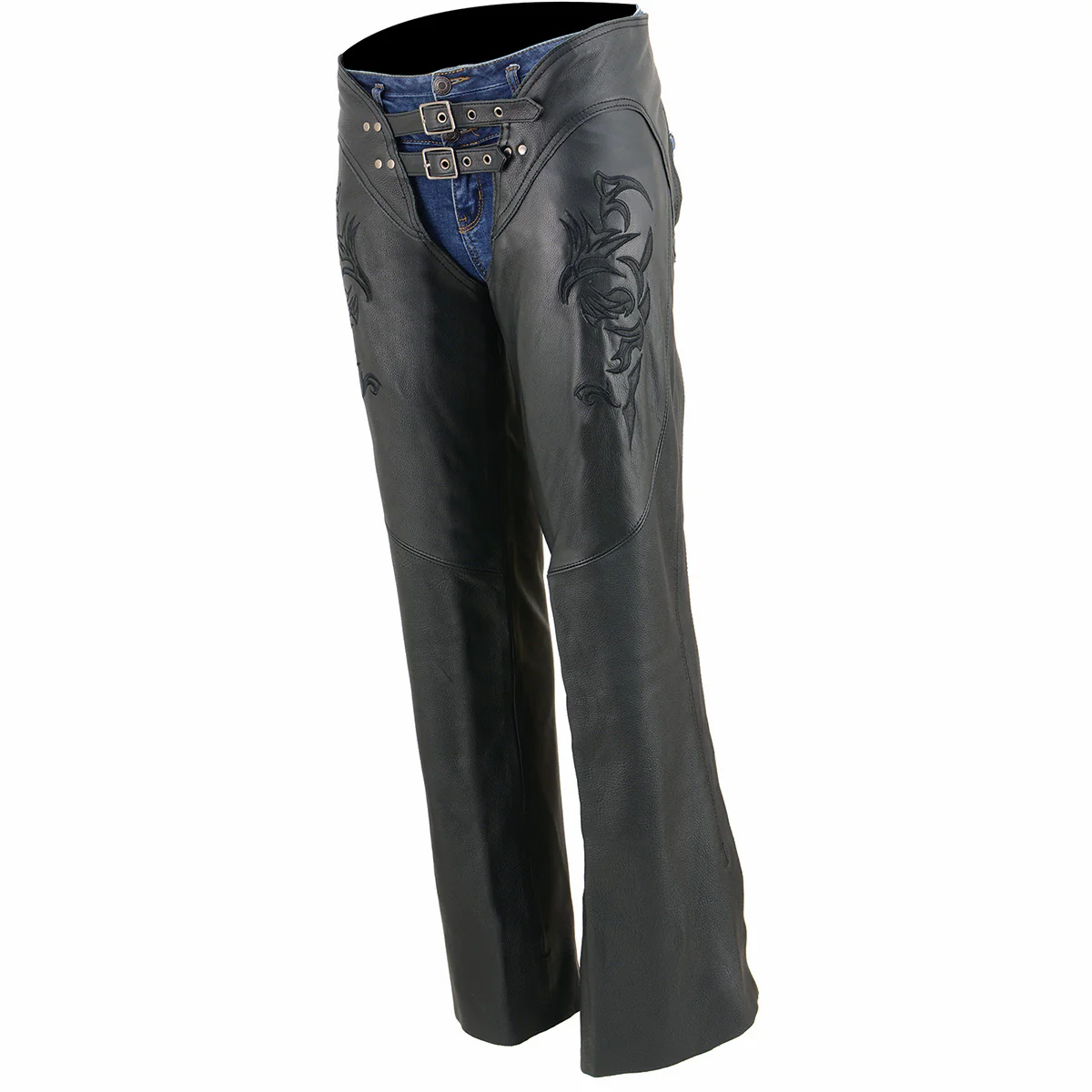 Milwaukee Leather Chaps for Women Black Low-Rise Waist- Double Buckle Reflective Embroidery Motorcycle Chap- ML1187 7 Milwaukee Leather Chaps for Women Black Low-Rise Waist- Double Buckle Reflective Embroidery Motorcycle Chap- ML1187