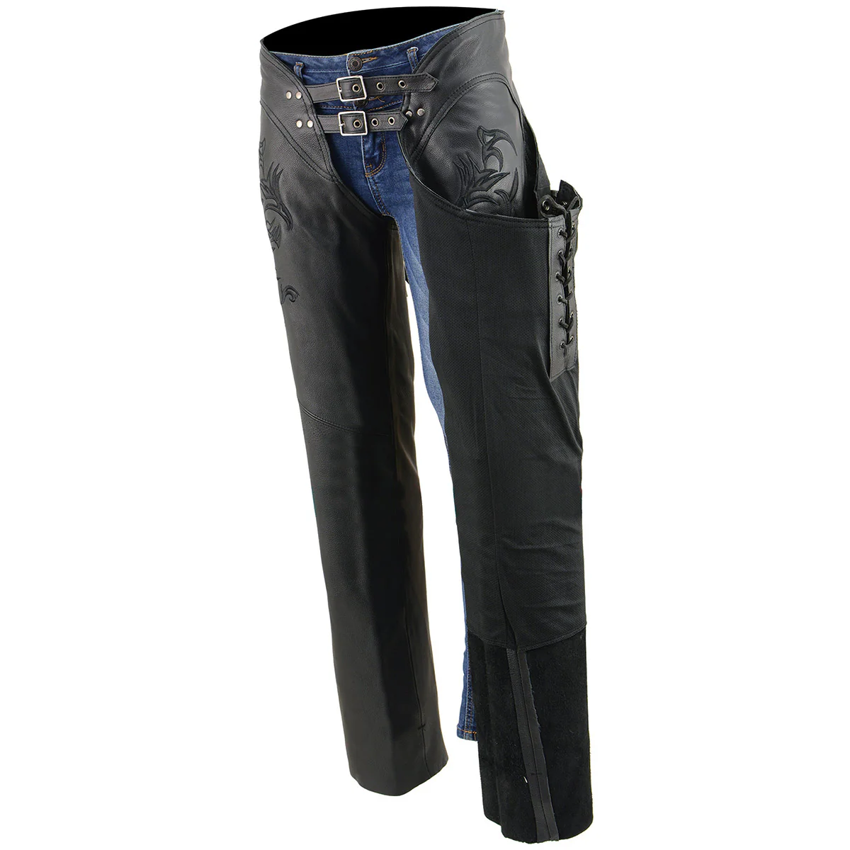 Milwaukee Leather Chaps for Women Black Low-Rise Waist- Double Buckle Reflective Embroidery Motorcycle Chap- ML1187 9 Milwaukee Leather Chaps for Women Black Low-Rise Waist- Double Buckle Reflective Embroidery Motorcycle Chap- ML1187
