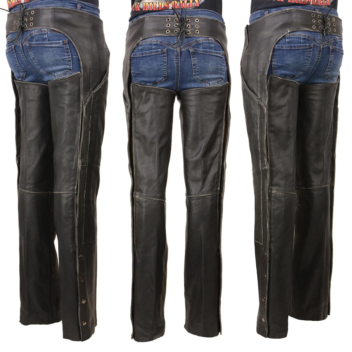 Milwaukee Leather MLL6516 Women's Classic Black Rub-Off Low Rise Premium Leather Chaps 2 Milwaukee Leather MLL6516 Women's Classic Black Rub-Off Low Rise Premium Leather Chaps