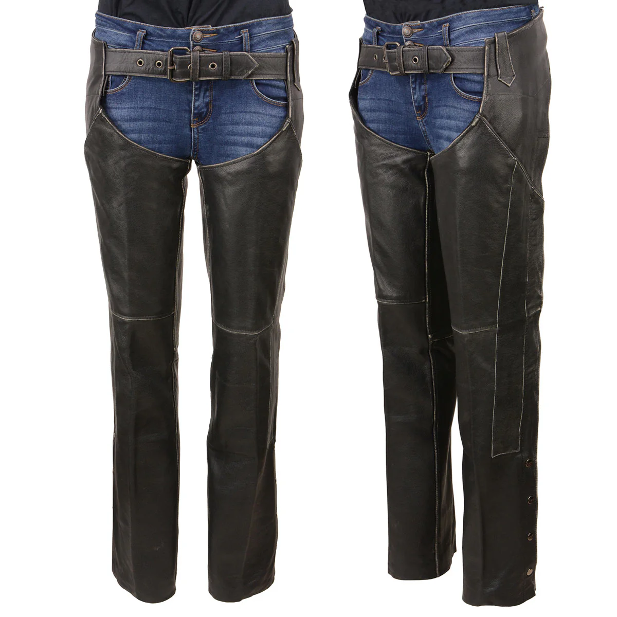 Milwaukee Leather MLL6516 Women's Classic Black Rub-Off Low Rise Premium Leather Chaps 6 Milwaukee Leather MLL6516 Women's Classic Black Rub-Off Low Rise Premium Leather Chaps
