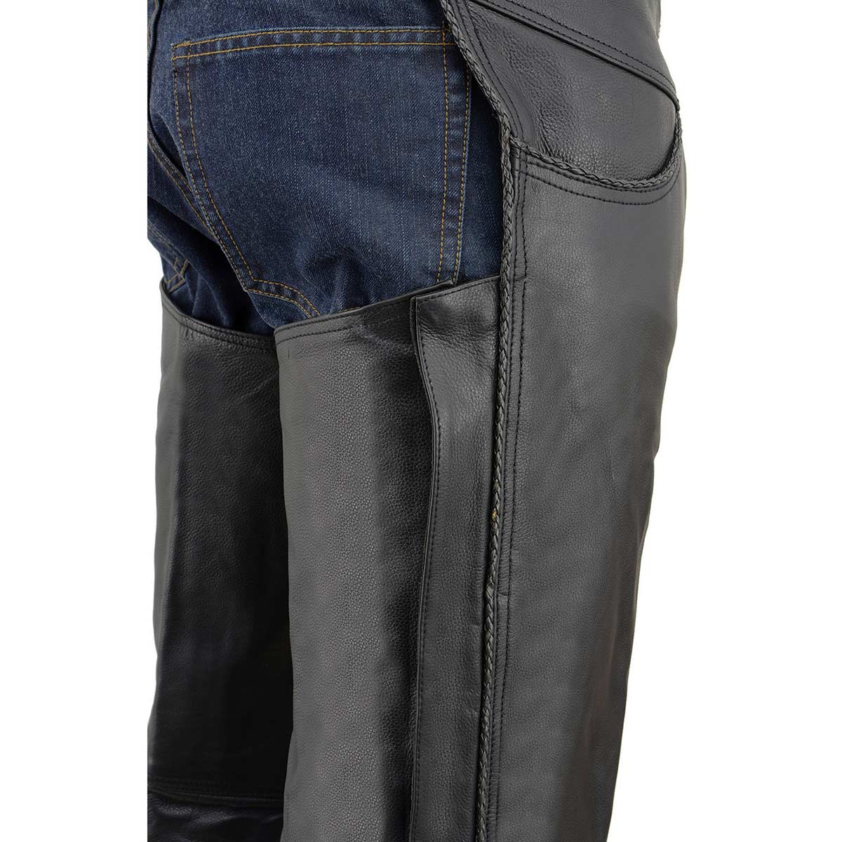 Milwaukee Leather SH1125 Men's Black Braided Leather Jean Style Chaps 4 Milwaukee Leather SH1125 Men's Black Braided Leather Jean Style Chaps