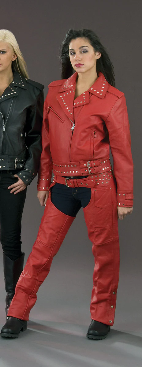 Milwaukee Leather SH1163 Women's 'Studded' Red Classic Leather Chaps 2 Milwaukee Leather SH1163 Women's 'Studded' Red Classic Leather Chaps