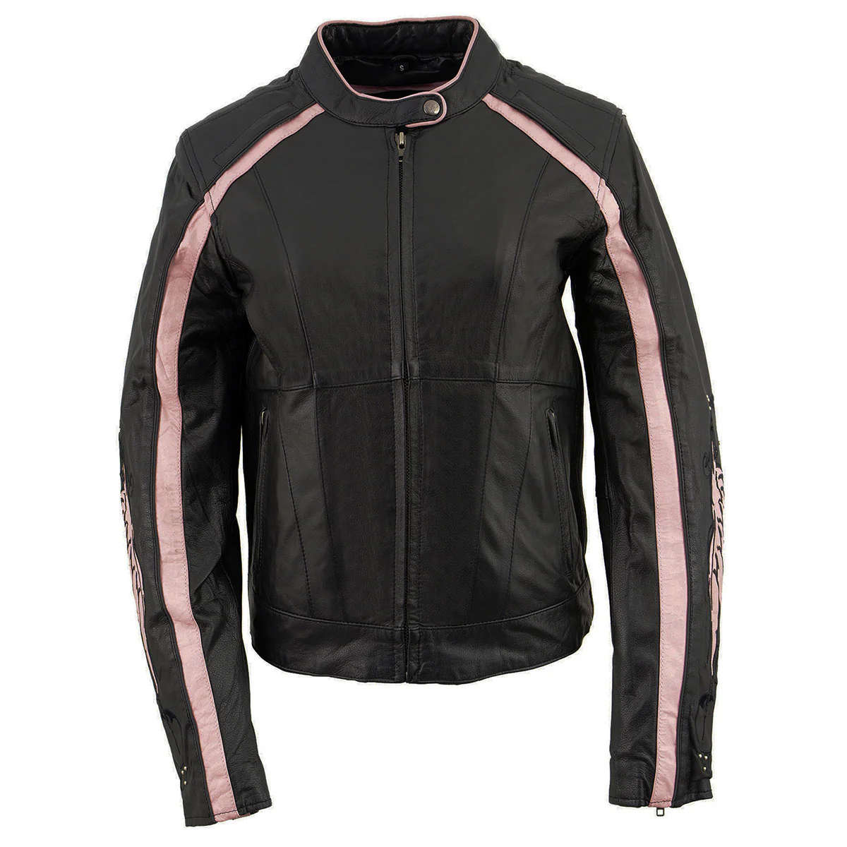 Milwaukee Leather X1952 Women's Black and Pink Embroidered and Stud Design Jacket 10 Milwaukee Leather X1952 Women's Black and Pink Embroidered and Stud Design Jacket