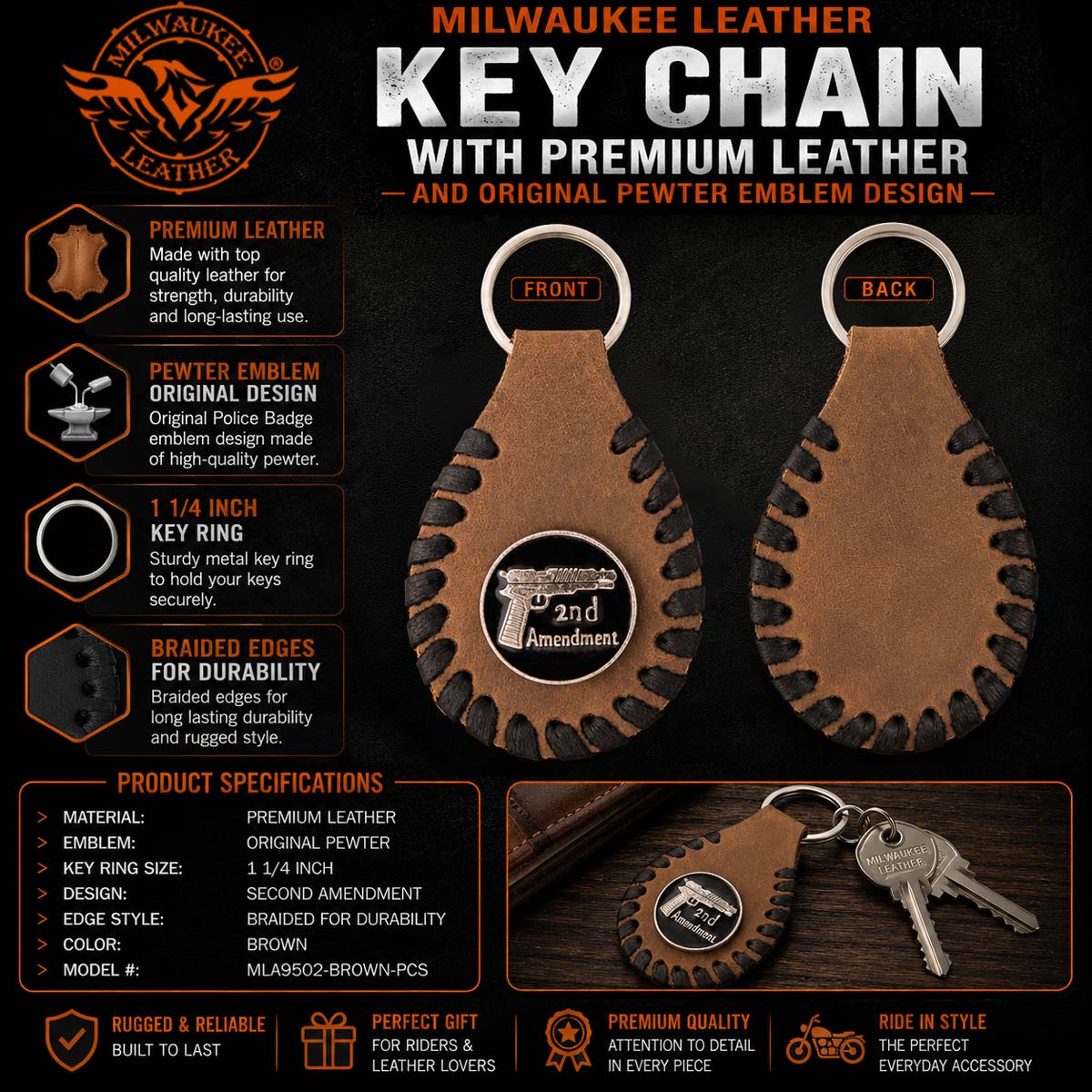 Milwaukee Leather Brown Second Amendment Pewter Emblem Key Chain - MLA9502 2 Milwaukee Leather Brown Second Amendment Pewter Emblem Key Chain - MLA9502