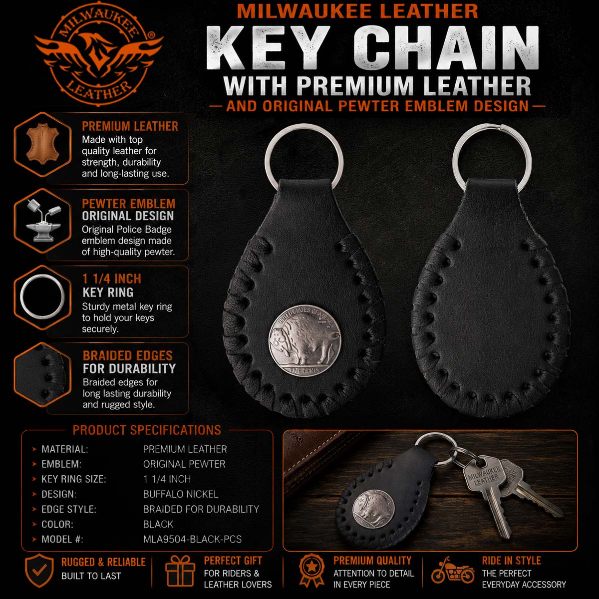 Milwaukee Leather Black Buffalo Nickel Pewter Emblem Key Chain - MLA9504 2 Milwaukee Leather Black Buffalo Nickel Pewter Emblem Key Chain - MLA9504