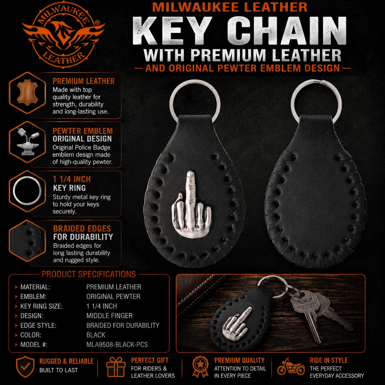 Milwaukee Leather Black Middle Finger Pewter Emblem Key Chain - MLA9508 2 Milwaukee Leather Black Middle Finger Pewter Emblem Key Chain - MLA9508