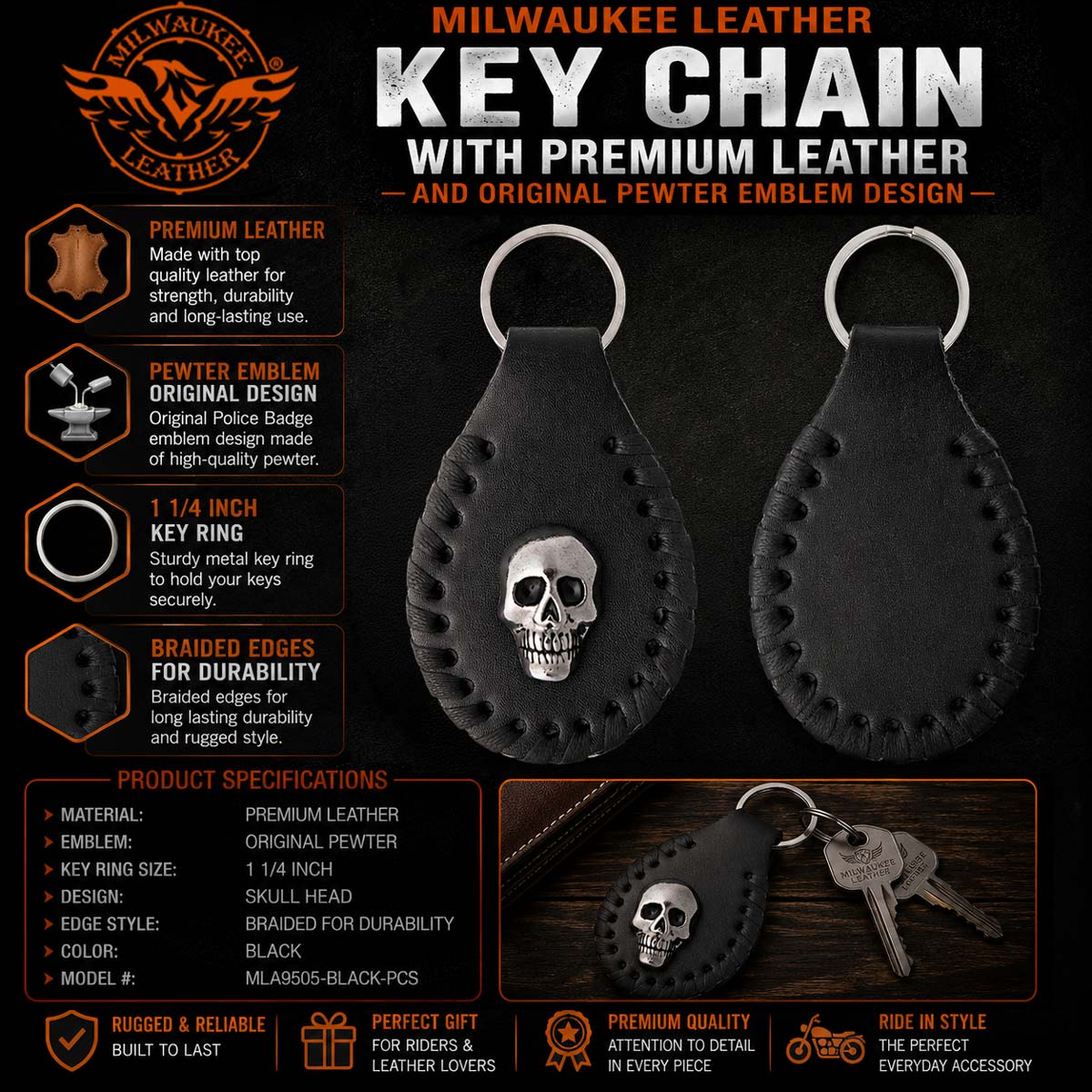 Milwaukee Leather Black Skull Head Pewter Emblem Key Chain - MLA9505 2 Milwaukee Leather Black Skull Head Pewter Emblem Key Chain - MLA9505
