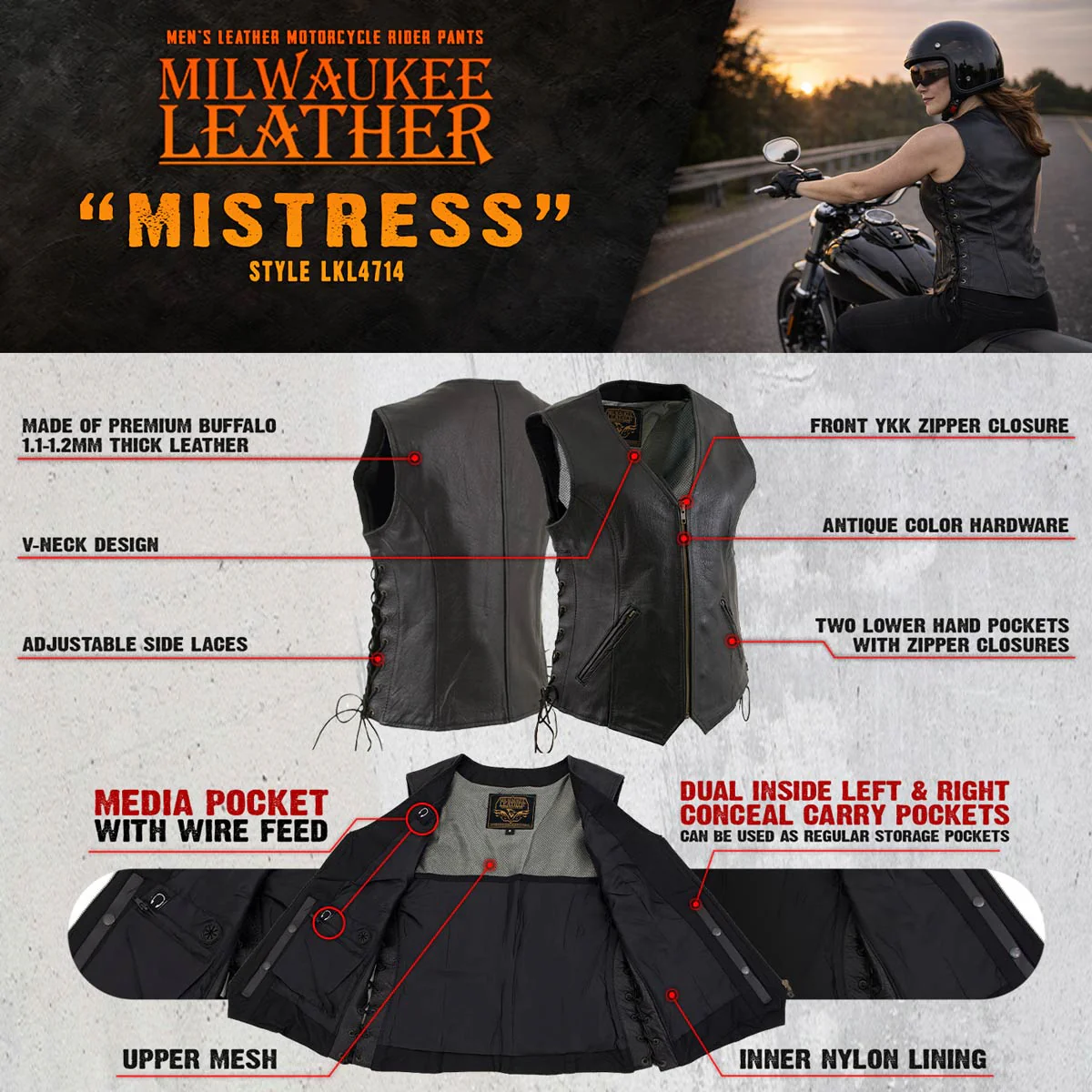 Milwaukee Leather Women's Mistress Black Side Lace Leather Motorcycle Vest - LKL4714 4 Milwaukee Leather Women's Mistress Black Side Lace Leather Motorcycle Vest - LKL4714