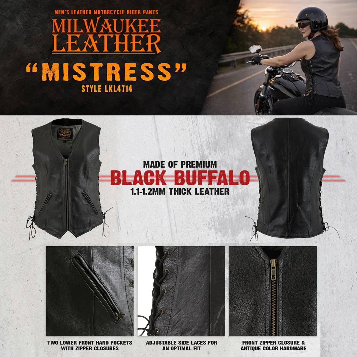 Milwaukee Leather Women's Mistress Black Side Lace Leather Motorcycle Vest - LKL4714 5 Milwaukee Leather Women's Mistress Black Side Lace Leather Motorcycle Vest - LKL4714