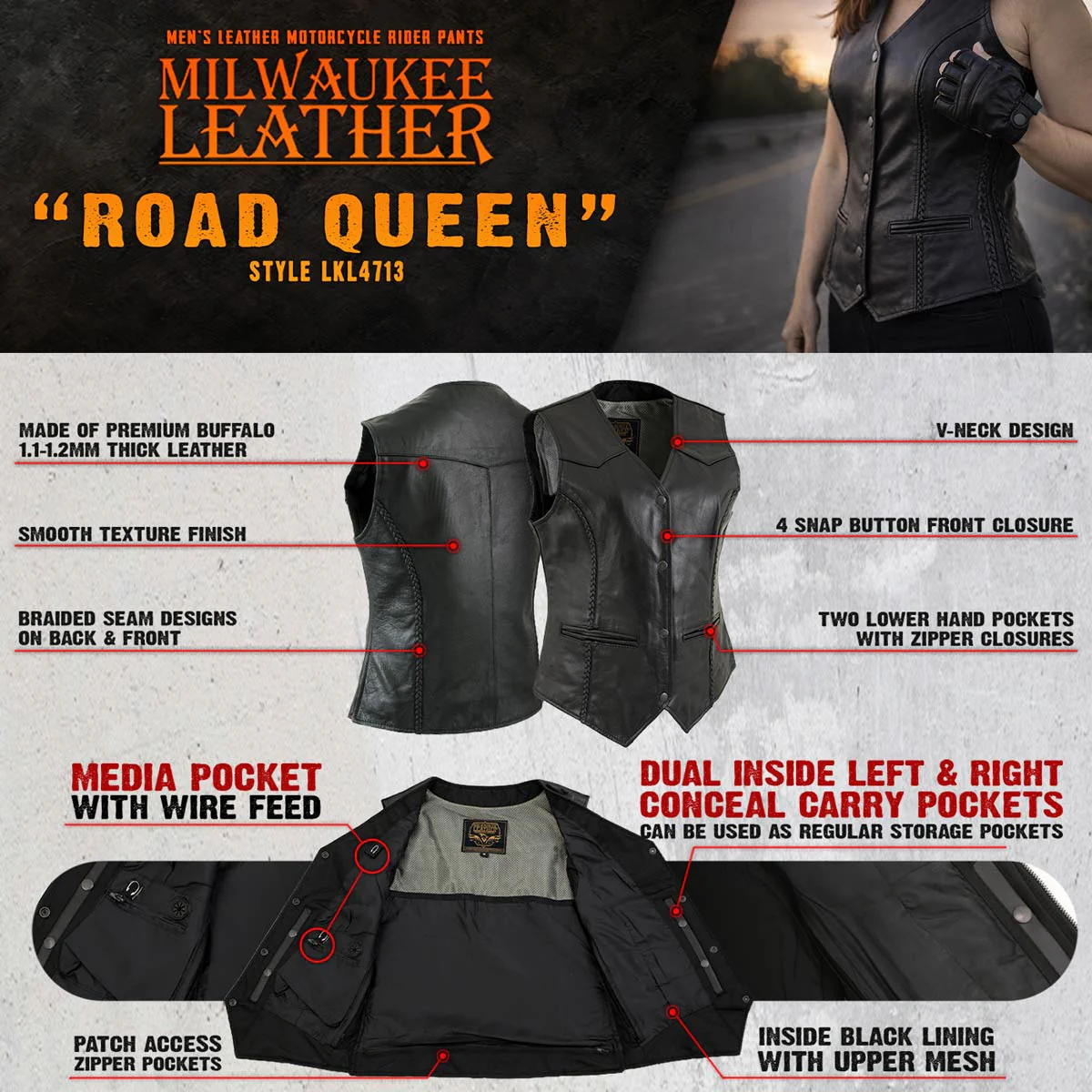 Milwaukee Leather Women's Road Queen Black Braided Buffalo Leather Motorcycle Vest - LKL4713 4 Milwaukee Leather Women's Road Queen Black Braided Buffalo Leather Motorcycle Vest - LKL4713