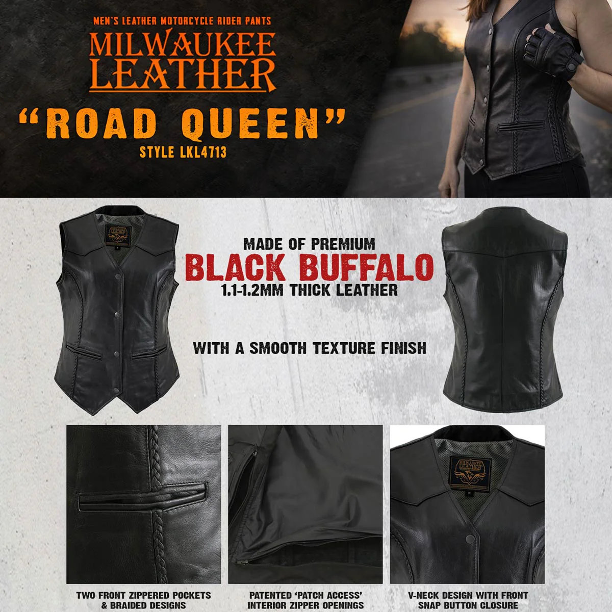 Milwaukee Leather Women's Road Queen Black Braided Buffalo Leather Motorcycle Vest - LKL4713 5 Milwaukee Leather Women's Road Queen Black Braided Buffalo Leather Motorcycle Vest - LKL4713