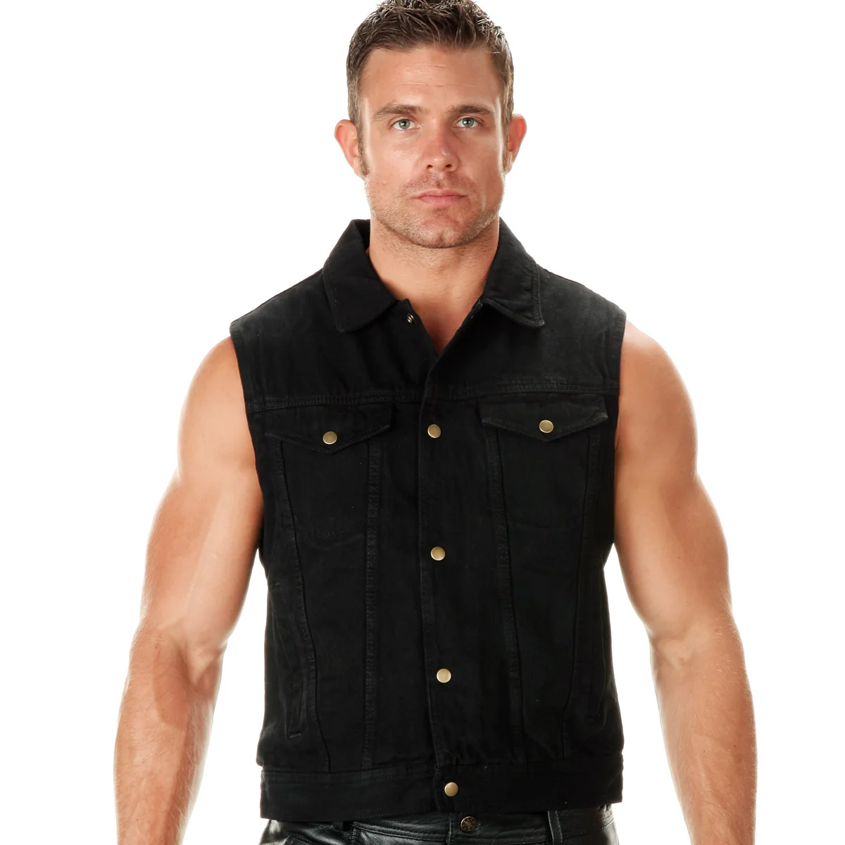 Milwaukee Leather Men's Outrider Black Denim Motorcycle Rider Vest with Shirt Collar - MDM3081 1 Milwaukee Leather Men's Outrider Black Denim Motorcycle Rider Vest with Shirt Collar - MDM3081
