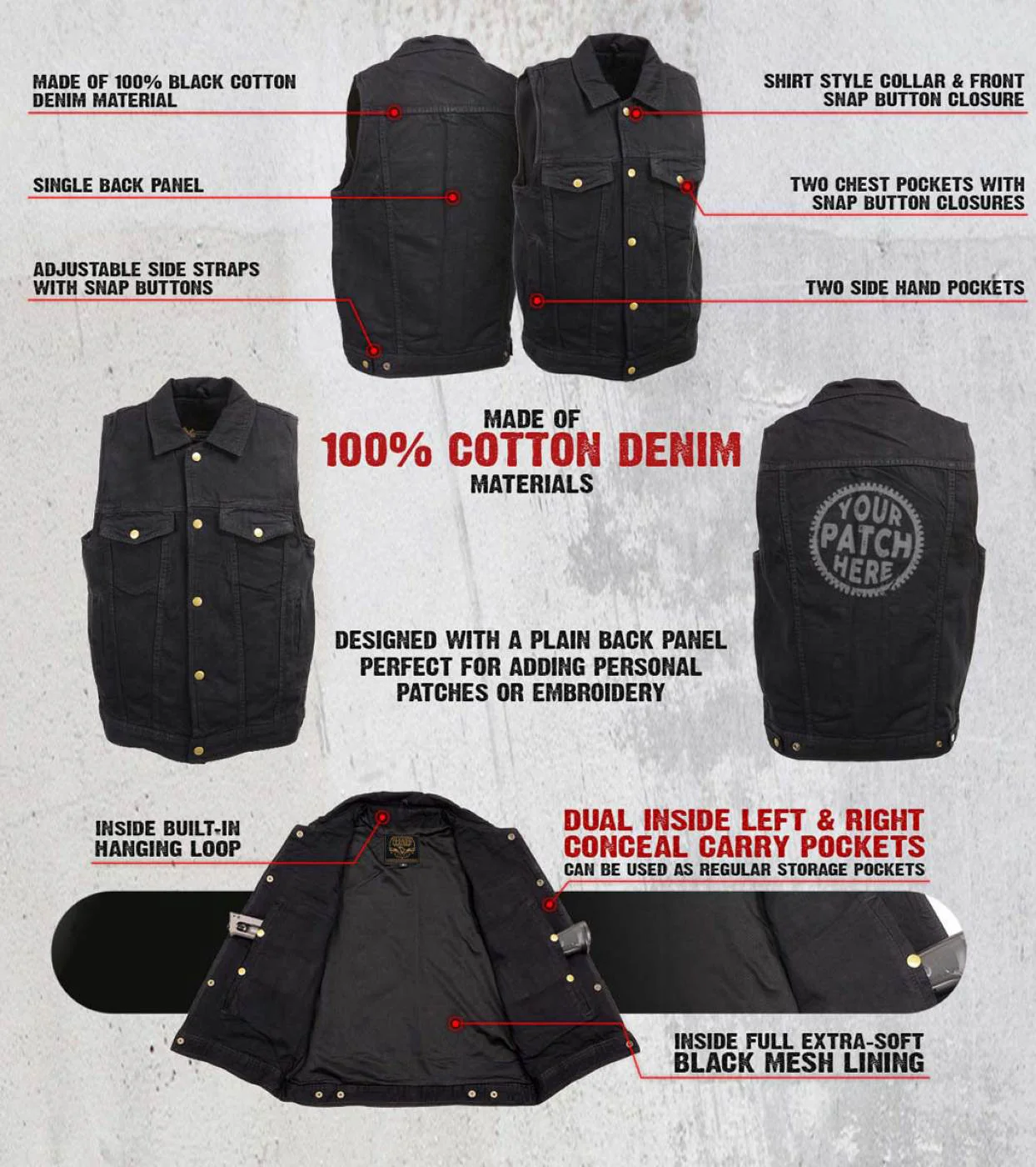 Milwaukee Leather Men's Outrider Black Denim Motorcycle Rider Vest with Shirt Collar - MDM3081 2 Milwaukee Leather Men's Outrider Black Denim Motorcycle Rider Vest with Shirt Collar - MDM3081