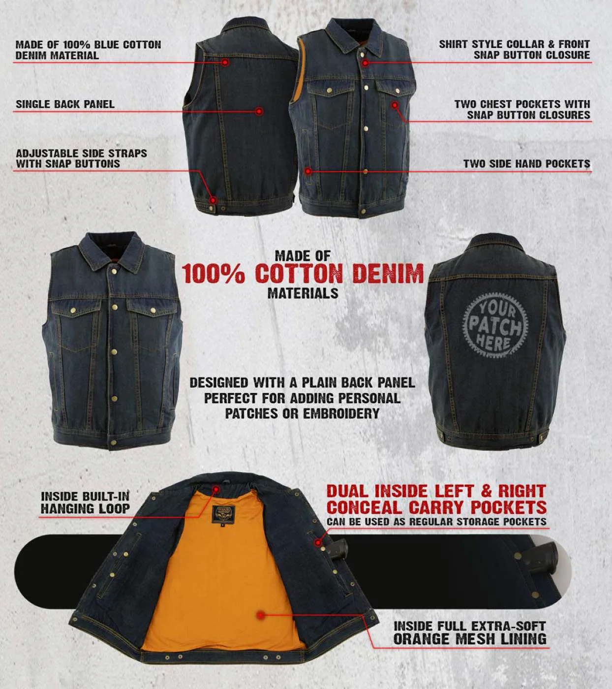 Milwaukee Leather Men's Outrider Blue Denim Motorcycle Rider Vest with Shirt Collar - MDM3080 2 Milwaukee Leather Men's Outrider Blue Denim Motorcycle Rider Vest with Shirt Collar - MDM3080