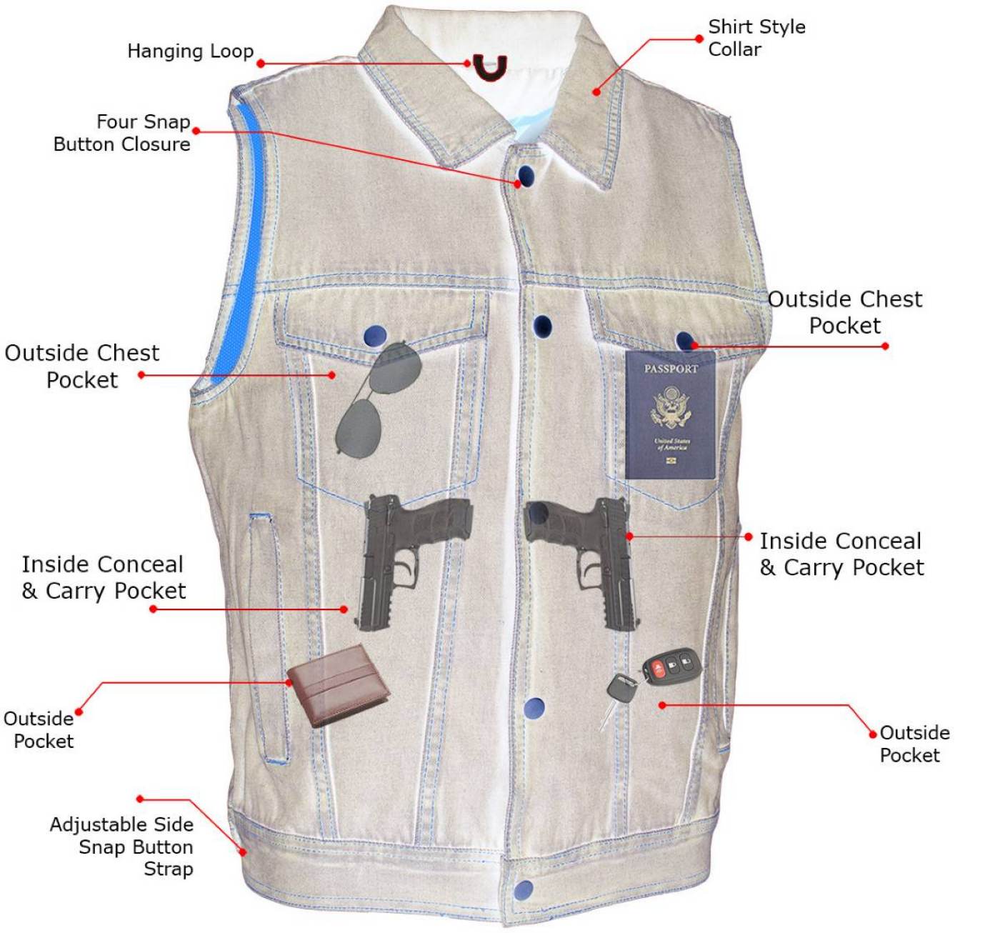 Milwaukee Leather Men's Outrider Blue Denim Motorcycle Rider Vest with Shirt Collar - MDM3080 5 Milwaukee Leather Men's Outrider Blue Denim Motorcycle Rider Vest with Shirt Collar - MDM3080