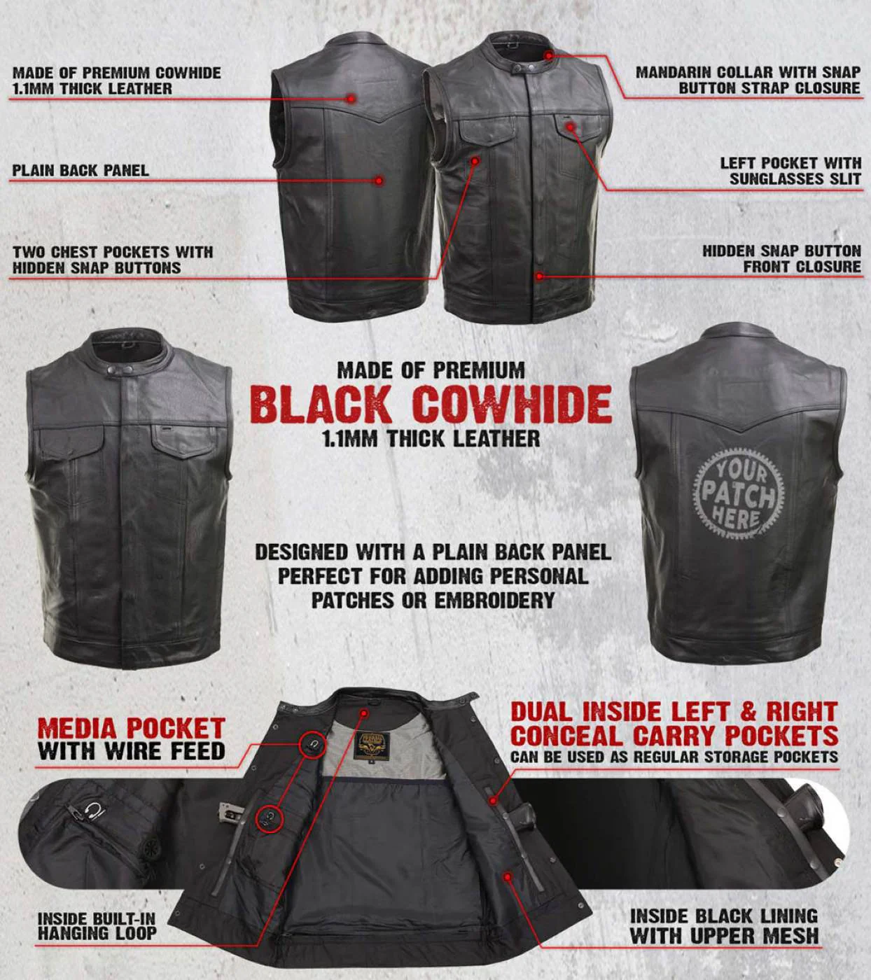Milwaukee Leather Men's Quick Draw Black Cowhide Leather Motorcycle Vest - LKM3794 2 Milwaukee Leather Men's Quick Draw Black Cowhide Leather Motorcycle Vest - LKM3794