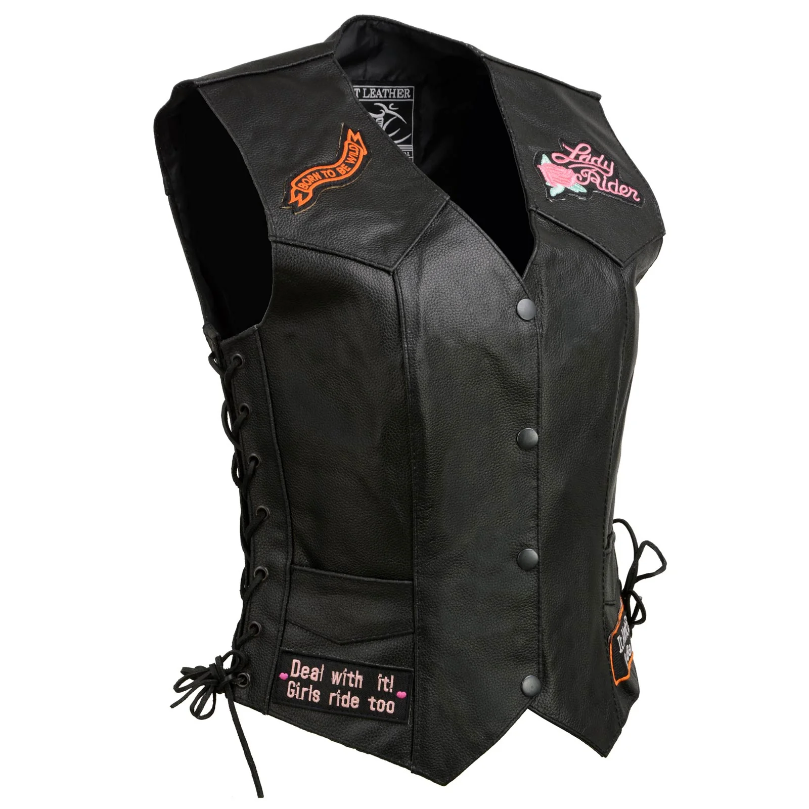Event Leather ELL4900 Women's Classic Black Genuine Leather Side Laced Motorcycle Riders Vest w/ 9 Patches 10 Event Leather ELL4900 Women's Classic Black Genuine Leather Side Laced Motorcycle Riders Vest w/ 9 Patches