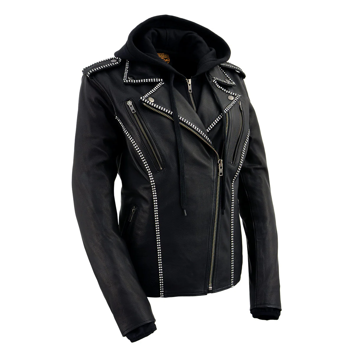 Milwaukee Leather MLL2503 Women's Black 'Bedazzled' Leather Moto Jacket with Hoodie 1 Milwaukee Leather MLL2503 Women's Black 'Bedazzled' Leather Moto Jacket with Hoodie