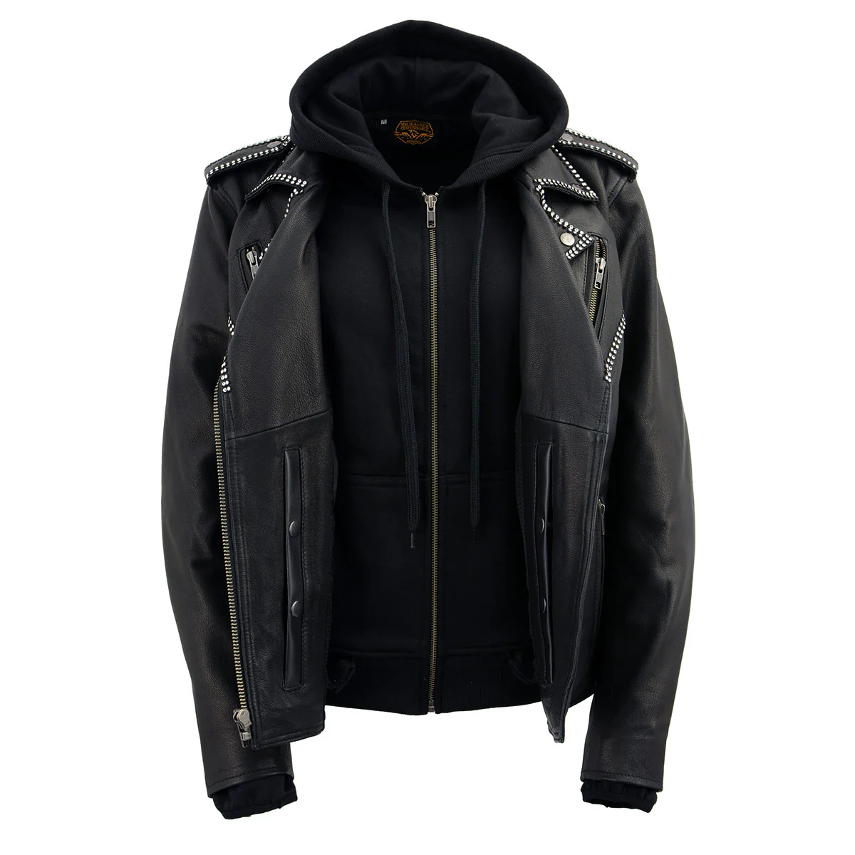 Milwaukee Leather MLL2503 Women's Black 'Bedazzled' Leather Moto Jacket with Hoodie 10 Milwaukee Leather MLL2503 Women's Black 'Bedazzled' Leather Moto Jacket with Hoodie