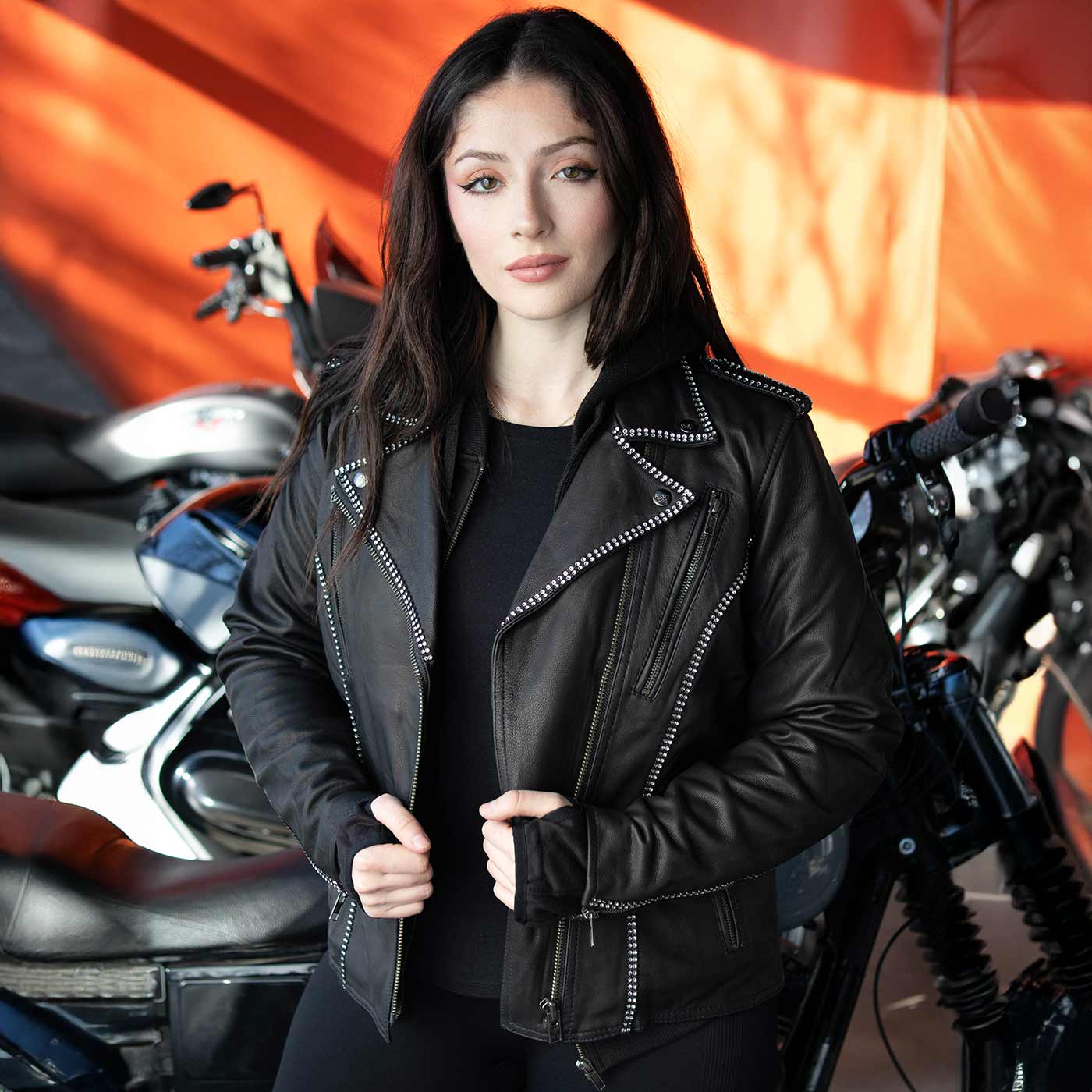 Milwaukee Leather MLL2503 Women's Black 'Bedazzled' Leather Moto Jacket with Hoodie 4 Milwaukee Leather MLL2503 Women's Black 'Bedazzled' Leather Moto Jacket with Hoodie