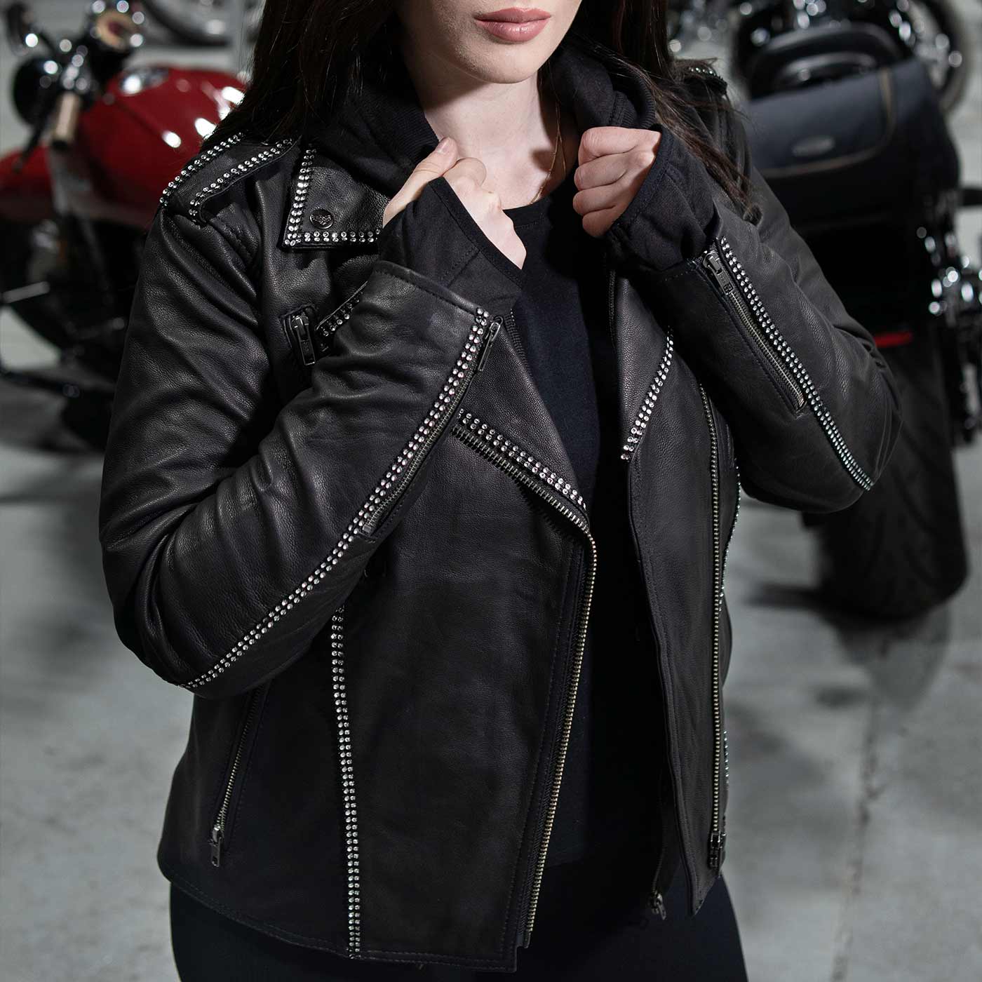 Milwaukee Leather MLL2503 Women's Black 'Bedazzled' Leather Moto Jacket with Hoodie 5 Milwaukee Leather MLL2503 Women's Black 'Bedazzled' Leather Moto Jacket with Hoodie