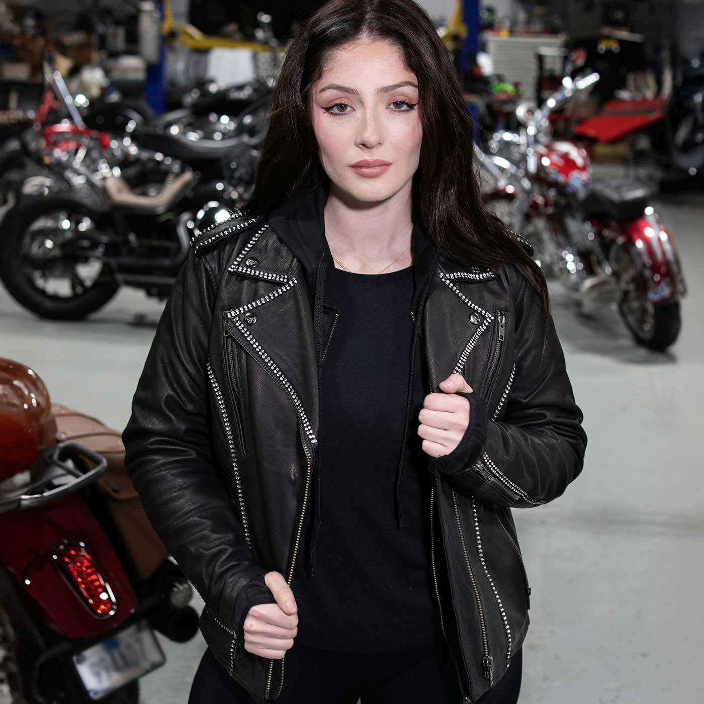 Milwaukee Leather MLL2503 Women's Black 'Bedazzled' Leather Moto Jacket with Hoodie 6 Milwaukee Leather MLL2503 Women's Black 'Bedazzled' Leather Moto Jacket with Hoodie