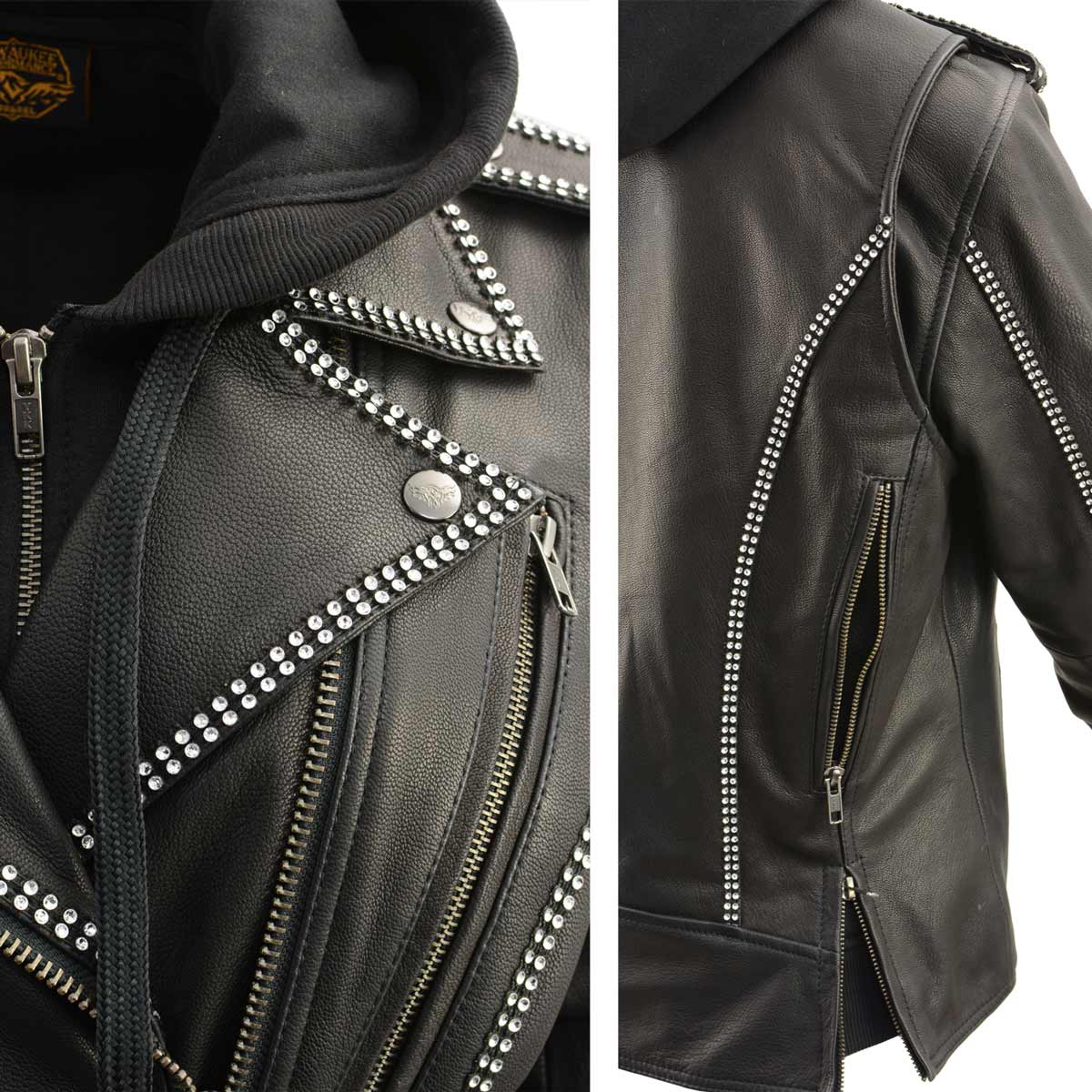 Milwaukee Leather MLL2503 Women's Black 'Bedazzled' Leather Moto Jacket with Hoodie 8 Milwaukee Leather MLL2503 Women's Black 'Bedazzled' Leather Moto Jacket with Hoodie