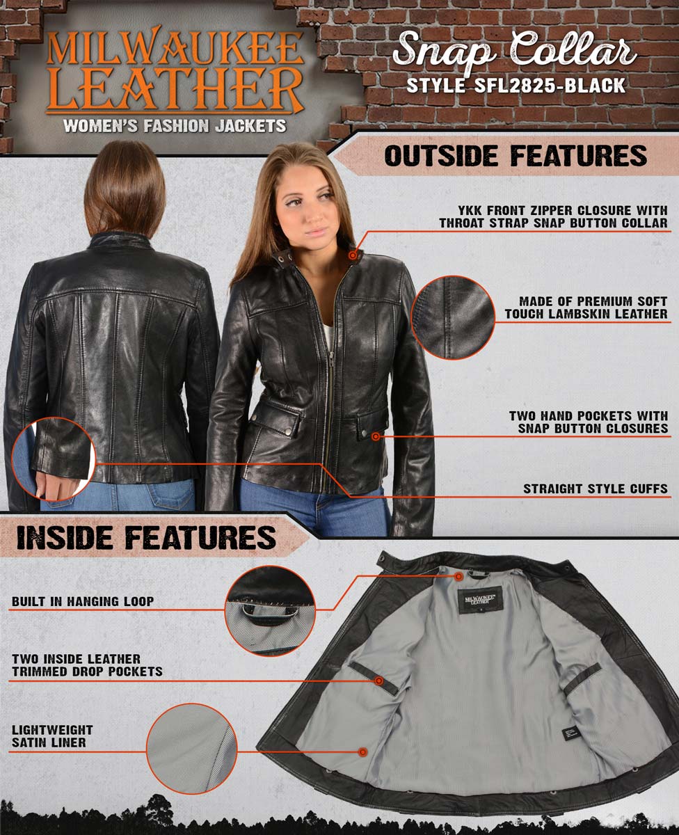 Milwaukee Leather SFL2825 Women's Snap Collar Black Lambskin Leather Jacket 2 Milwaukee Leather SFL2825 Women's Snap Collar Black Lambskin Leather Jacket