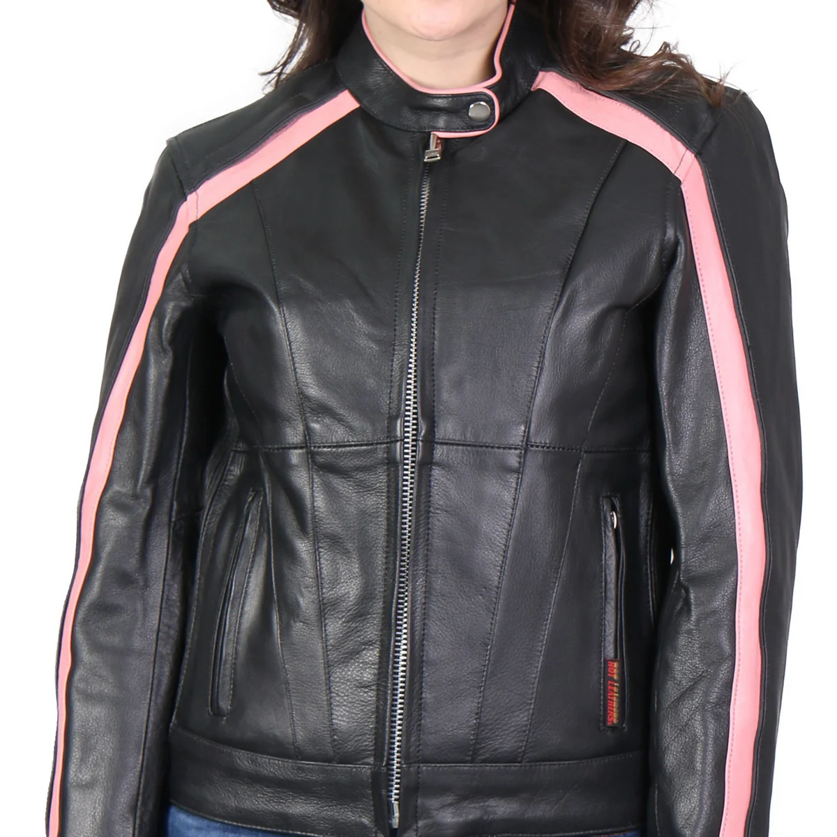 Hot Leathers JKL1022 Pink Striped Leather Jacket with Reflective Piping 3 Hot Leathers JKL1022 Pink Striped Leather Jacket with Reflective Piping