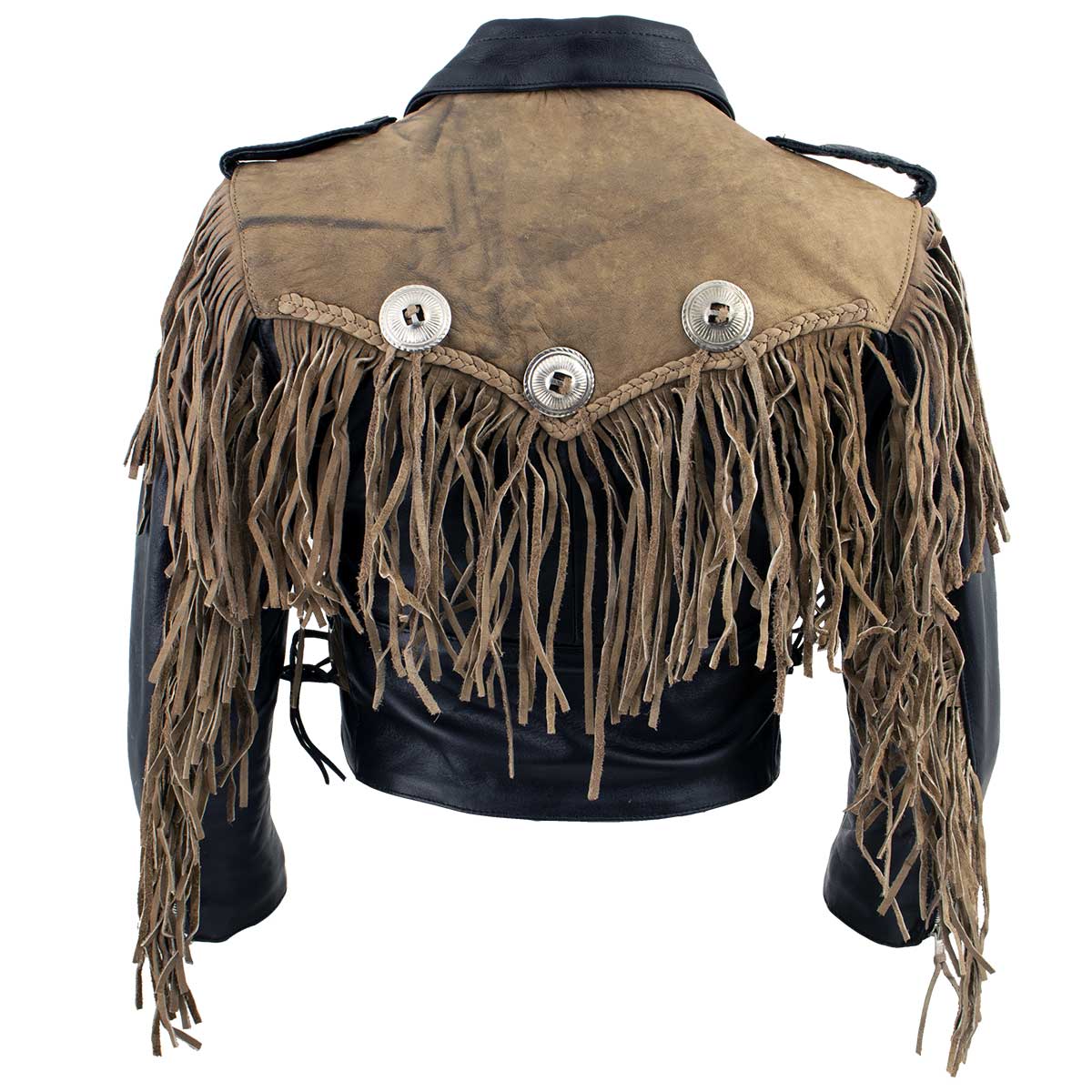 Leather King SH2015 Ladies ‘Fringed’ Cropped Two Tone Jacket with Braiding Detail 2 Leather King SH2015 Ladies ‘Fringed’ Cropped Two Tone Jacket with Braiding Detail