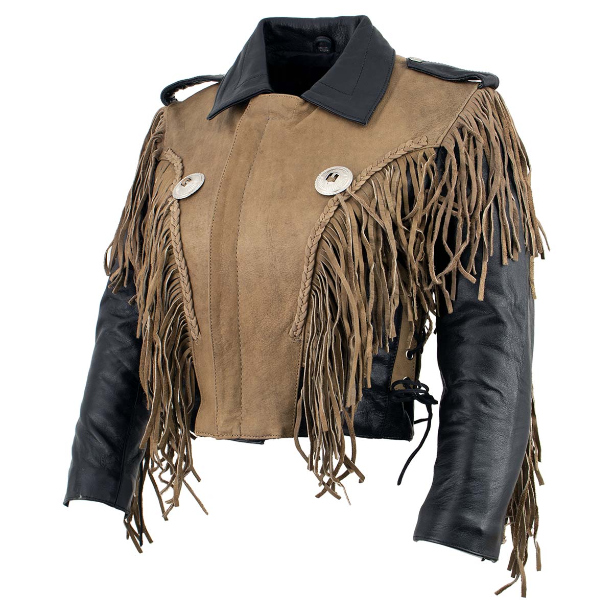 Leather King SH2015 Ladies ‘Fringed’ Cropped Two Tone Jacket with Braiding Detail 4 Leather King SH2015 Ladies ‘Fringed’ Cropped Two Tone Jacket with Braiding Detail