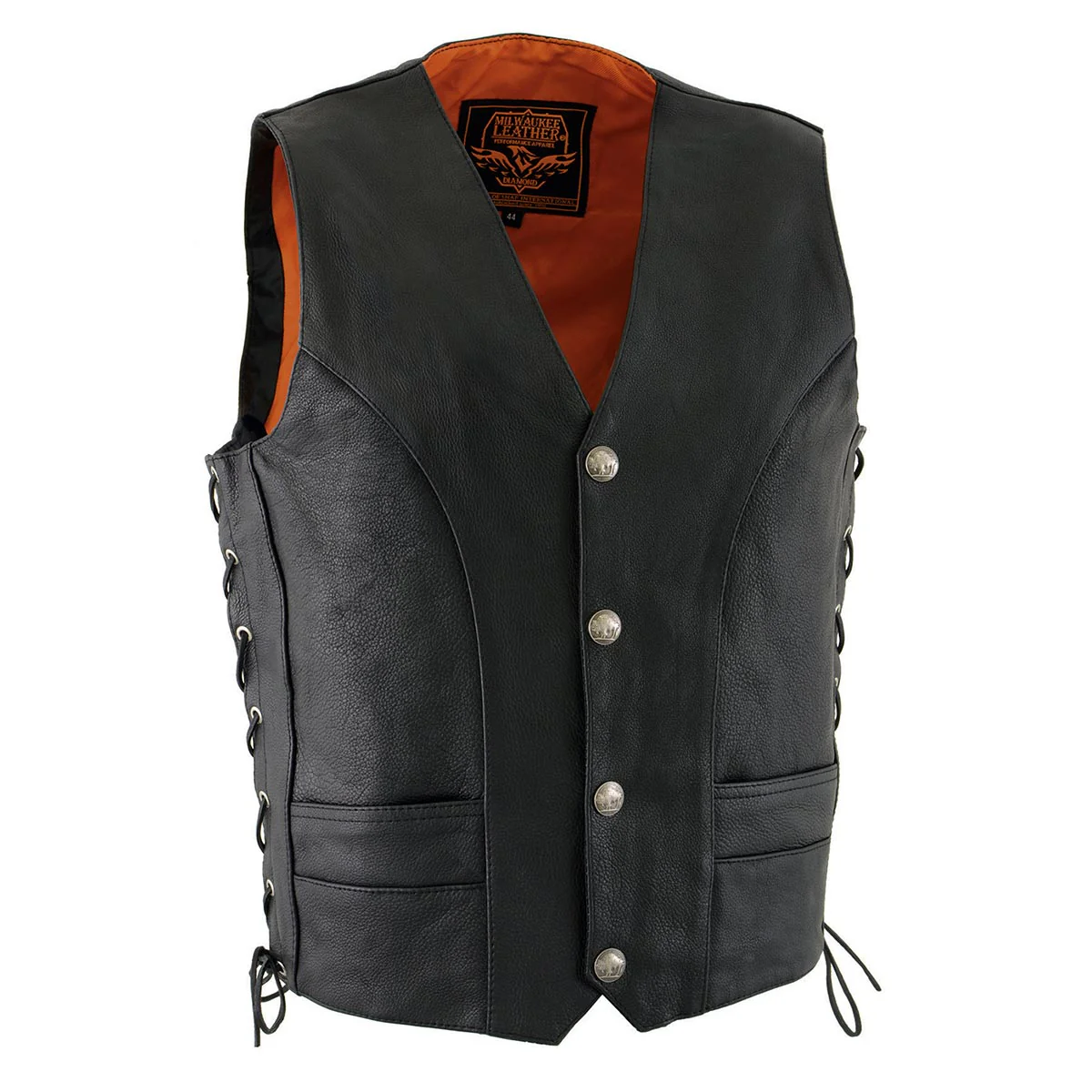 Milwaukee Leather ML1369 Men's Black Premium Leather Side Lace Motorcycle Rider Vest w/ Buffalo Nickel Snaps Closure 1 Milwaukee Leather ML1369 Men's Black Premium Leather Side Lace Motorcycle Rider Vest w/ Buffalo Nickel Snaps Closure
