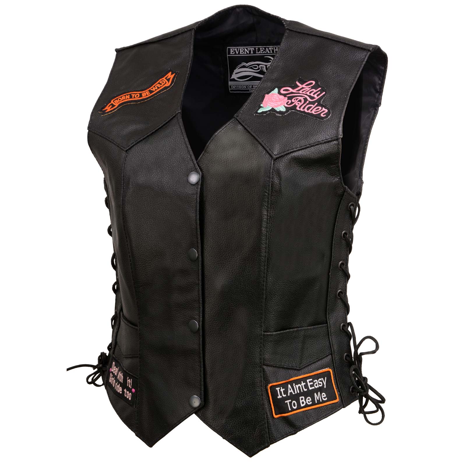 Event Leather ELL4900 Women’s 'Love to Ride' Black Leather Motorcycle Patched Embroidered Vests with Side Laces 14 Event Leather ELL4900 Women’s 'Love to Ride' Black Leather Motorcycle Patched Embroidered Vests with Side Laces