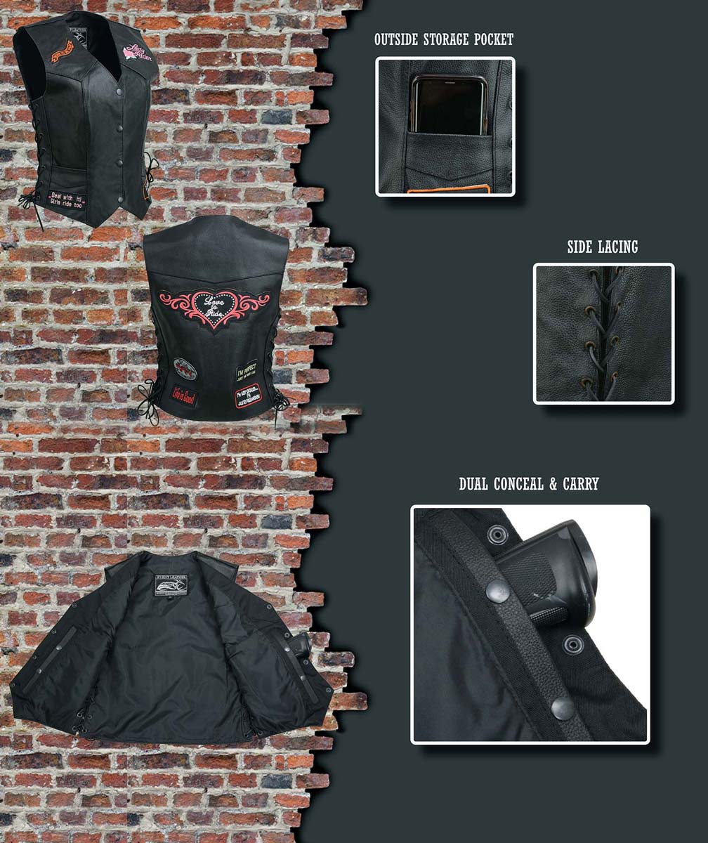 Event Leather ELL4900 Women’s 'Love to Ride' Black Leather Motorcycle Patched Embroidered Vests with Side Laces 4 Event Leather ELL4900 Women’s 'Love to Ride' Black Leather Motorcycle Patched Embroidered Vests with Side Laces