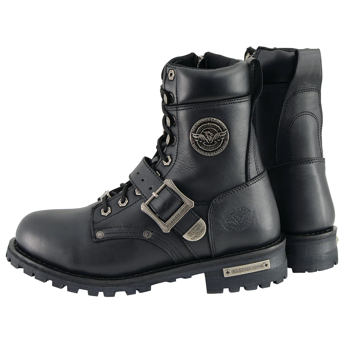 Milwaukee Leather Men's Black Leather Lace-Up Engineer Motorcycle Boots w/ Buckles and Side Zipper MBM101 6 Milwaukee Leather Men's Black Leather Lace-Up Engineer Motorcycle Boots w/ Buckles and Side Zipper MBM101