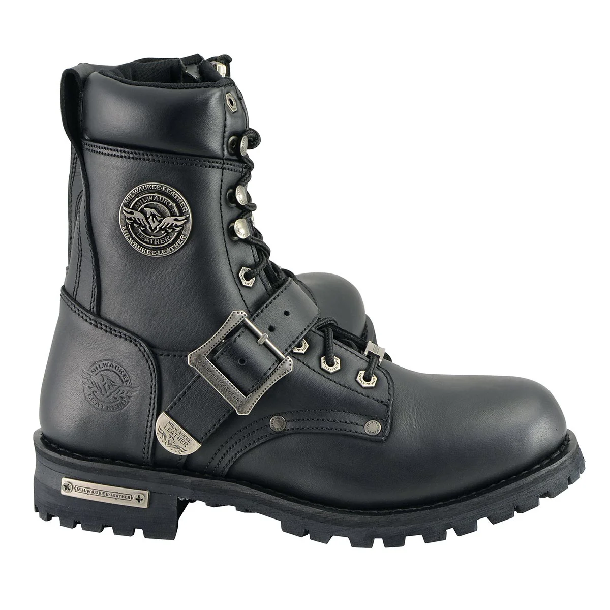 Milwaukee Leather Men's Black Leather Lace-Up Engineer Motorcycle Boots w/ Buckles and Side Zipper MBM101 9 Milwaukee Leather Men's Black Leather Lace-Up Engineer Motorcycle Boots w/ Buckles and Side Zipper MBM101