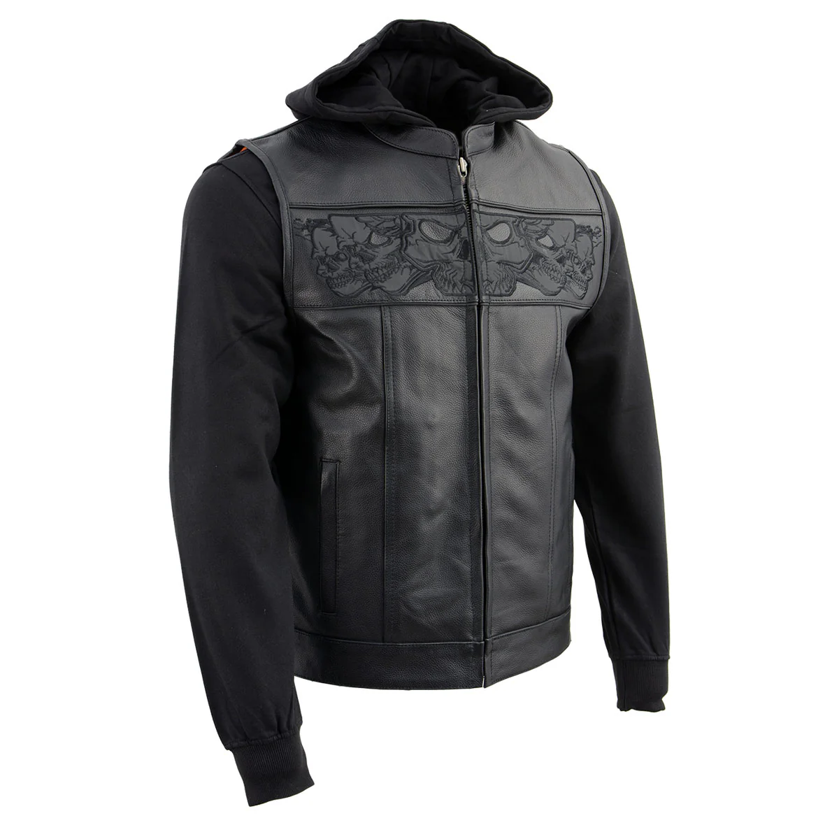 Milwaukee Leather MLM3563 Men's "Hell Raiser" 2 in 1 Black Leather Vest w/ Removeable Hoodie - Reflective Skull Artwork