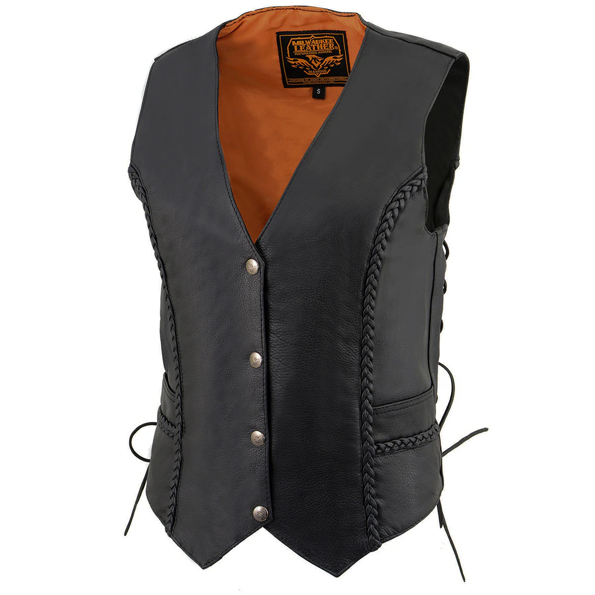 Milwaukee Leather ML1255 Women's Black Braided Premium Leather Side Lace Motorcycle Rider Vest 6 Milwaukee Leather ML1255 Women's Black Braided Premium Leather Side Lace Motorcycle Rider Vest