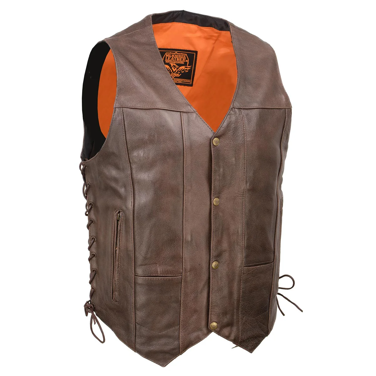 Milwaukee Leather ML1391RT Men's Retro Brown Leather Vest- 10 Pockets Side Lace 4-Snap V-Neck Motorcycle Rider Vest 1 Milwaukee Leather ML1391RT Men's Retro Brown Leather Vest- 10 Pockets Side Lace 4-Snap V-Neck Motorcycle Rider Vest