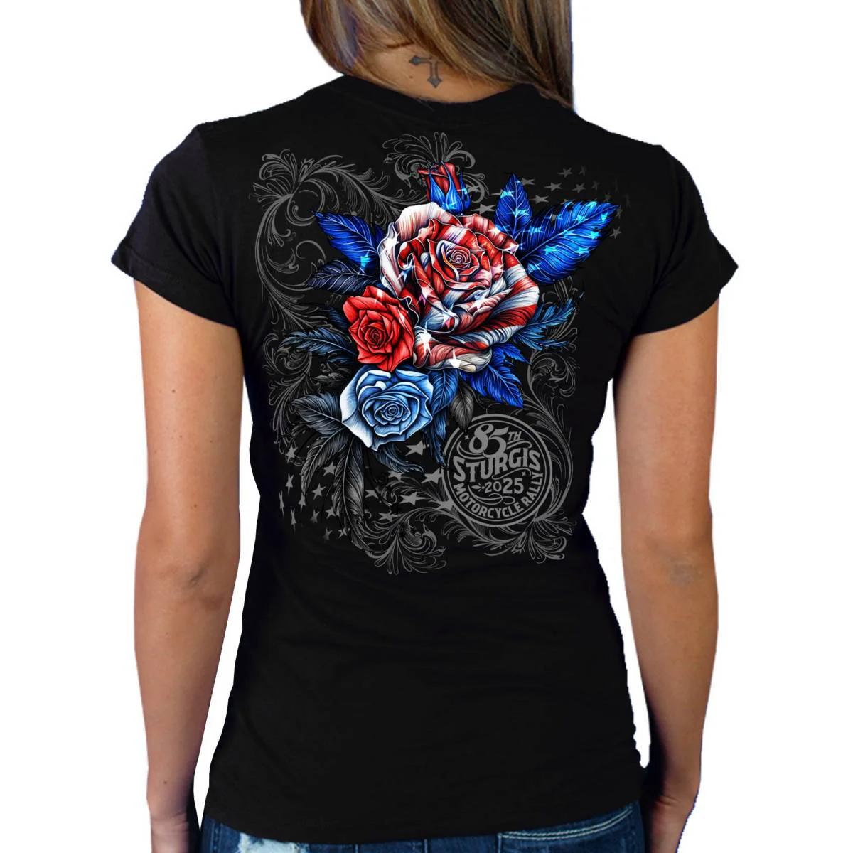 2025 Sturgis Women's Motorcycle Rally Patriotic Roses Black Ladies T-Shirt 2 2025 Sturgis Women's Motorcycle Rally Patriotic Roses Black Ladies T-Shirt