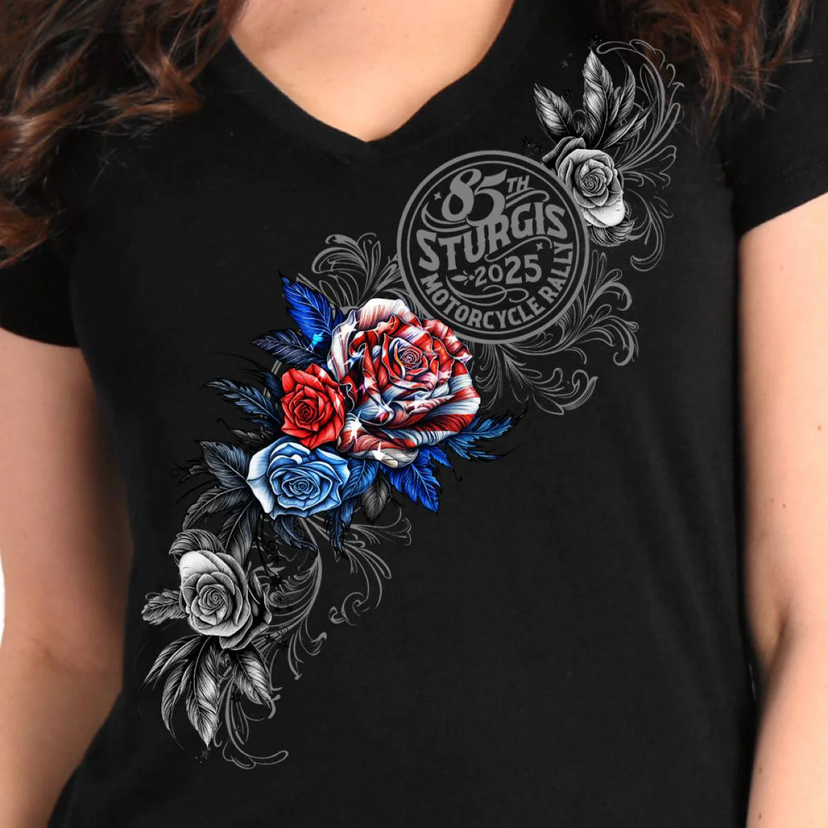 2025 Sturgis Women's Motorcycle Rally Patriotic Roses Black Ladies T-Shirt 3 2025 Sturgis Women's Motorcycle Rally Patriotic Roses Black Ladies T-Shirt