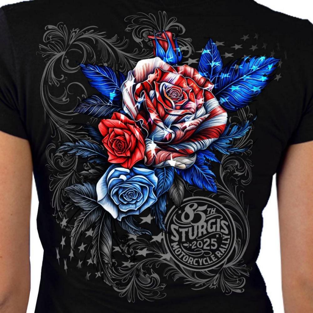 2025 Sturgis Women's Motorcycle Rally Patriotic Roses Black Ladies T-Shirt 4 2025 Sturgis Women's Motorcycle Rally Patriotic Roses Black Ladies T-Shirt